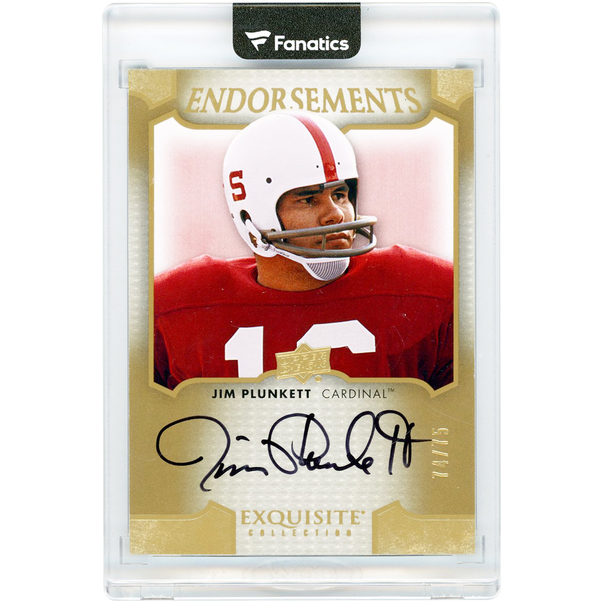 Jim Plunkett Stanford Cardinal Autographed 2011 Upper Deck Exquisite Collection Endorsements #E-JP #74/75 Card