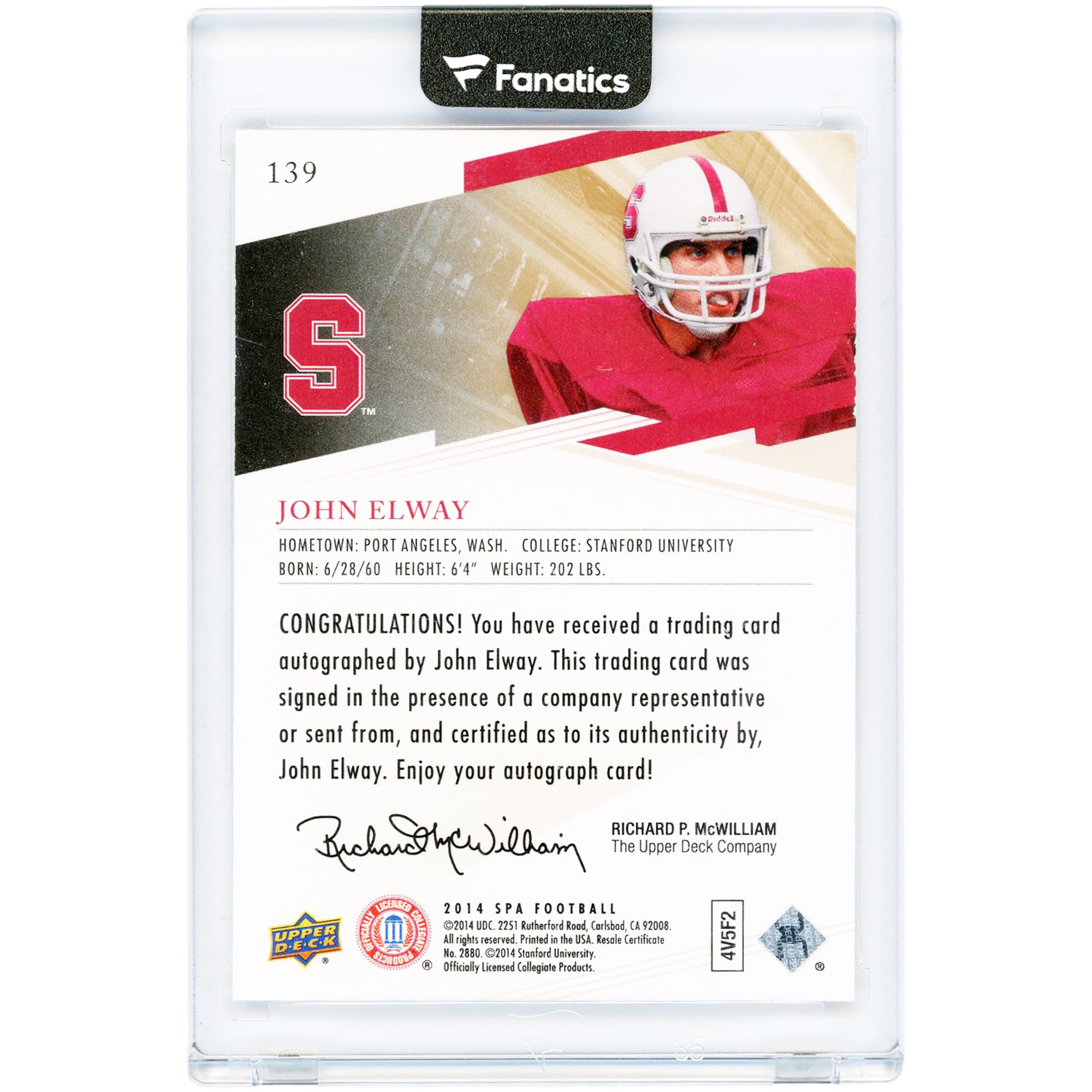 John Elway Stanford Cardinal Autographed 2014 Upper Deck SP Authentic Holo #139 #3/3 Card with "The General" Inscription
