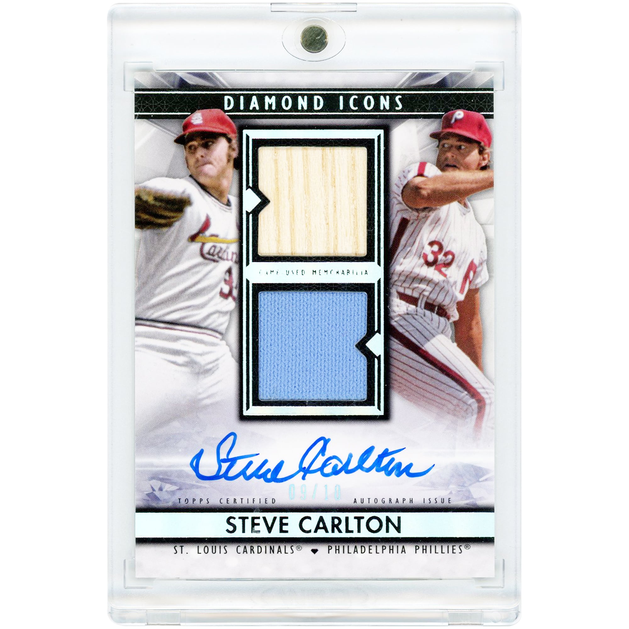 Steve Carlton Philadelphia Phillies & St. Louis Cardinals Autographed 2019 Topps Diamond Icons Dual Team Bat/Jersey Relics #SPDT-SC #9/10 Card