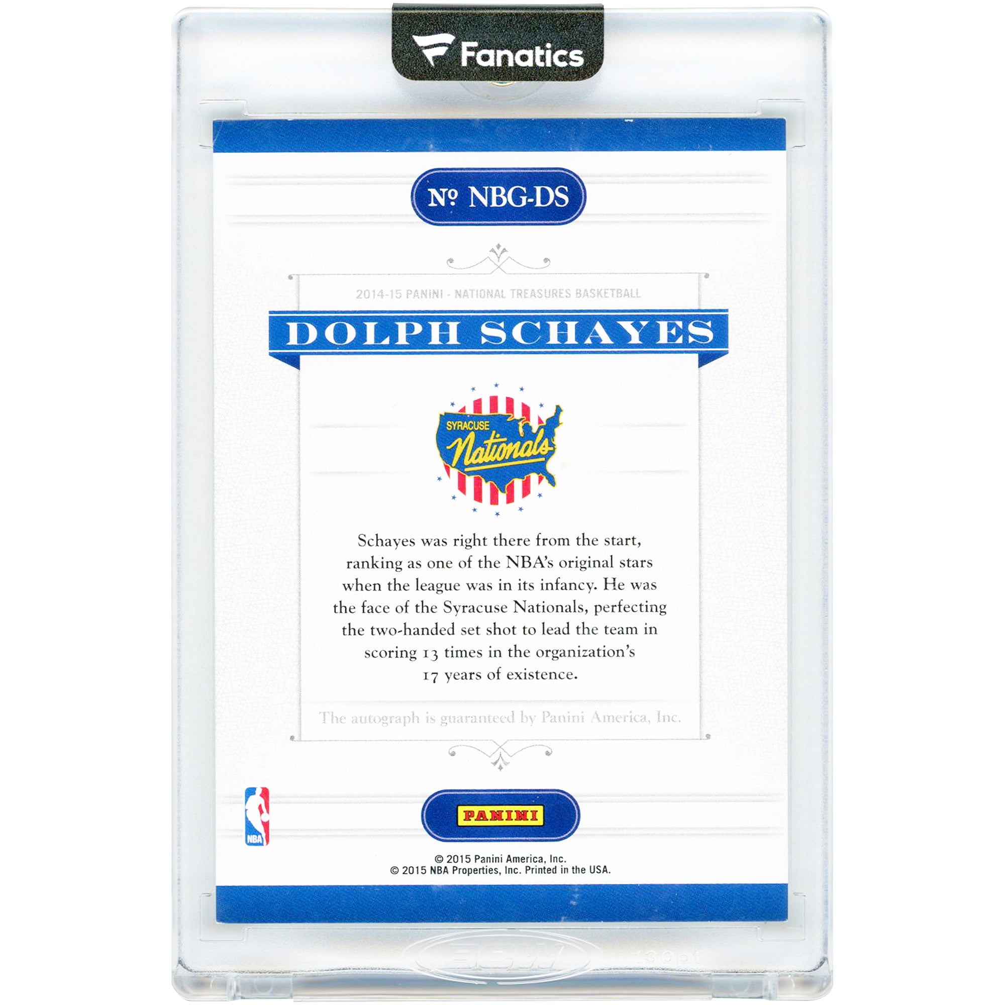 Dolph Schayes Syracuse Nationals Autographed 2014-15 Panini National Treasures NBA Greats #NBG-DS #24/75 Card