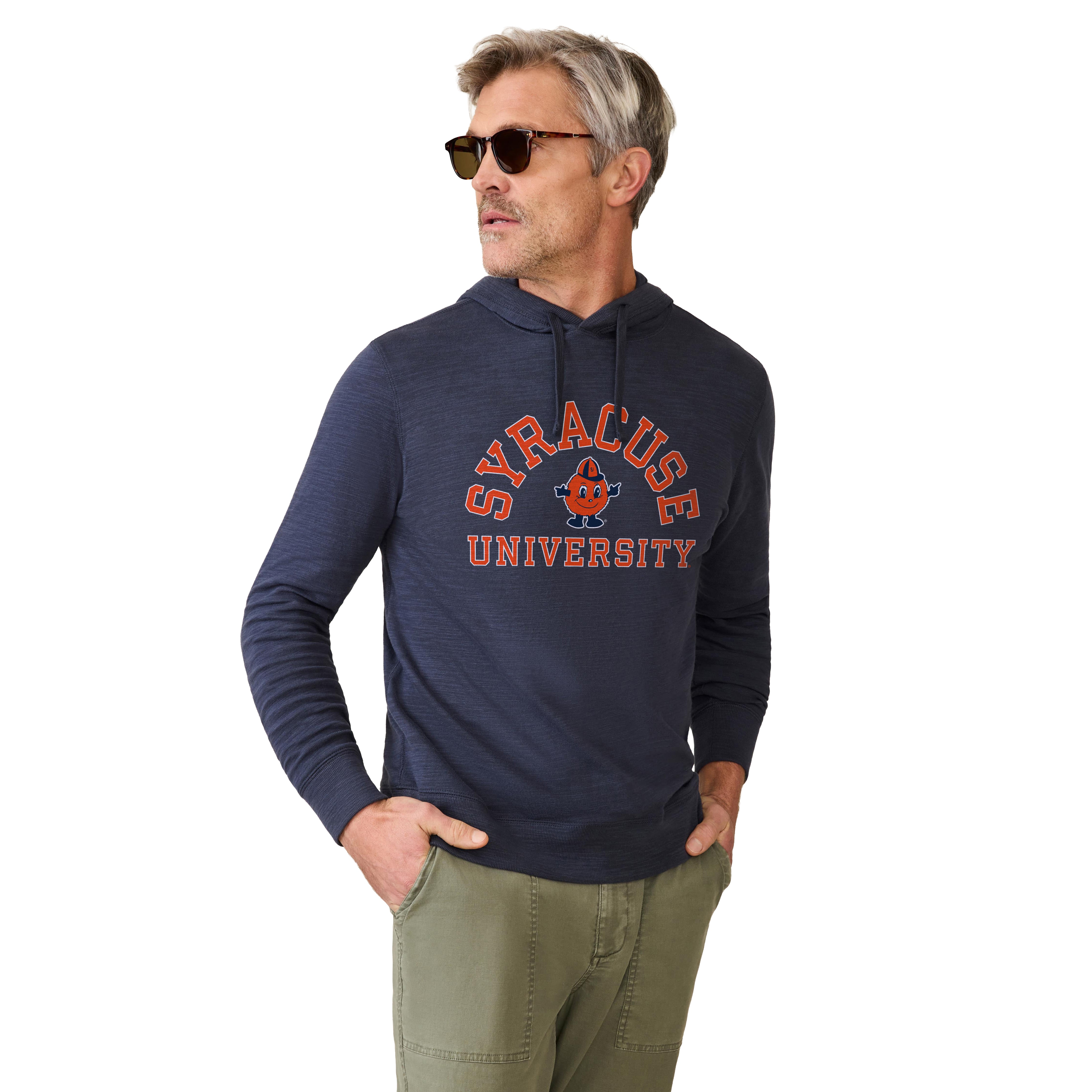 Sweat à capuche FAHERTY pour homme, bleu marine, orange Syracuse, en tissu flammé délavé.