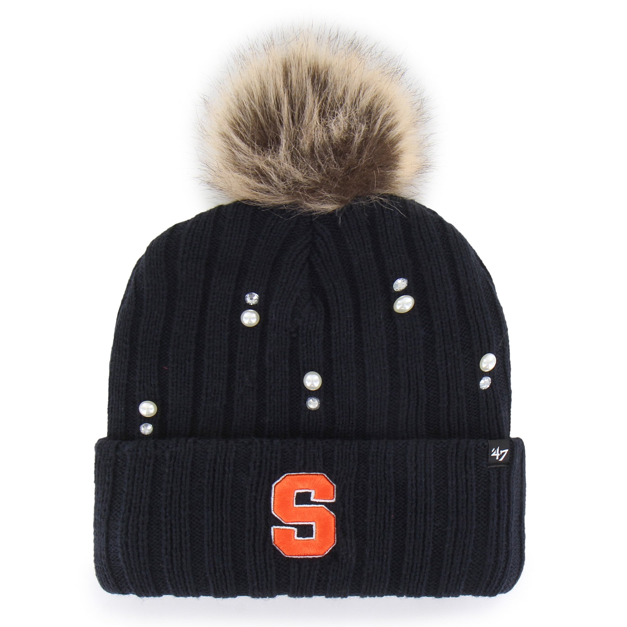 Bonnet en maille de fourrure nacrée orange Syracuse bleu marine avec pompon