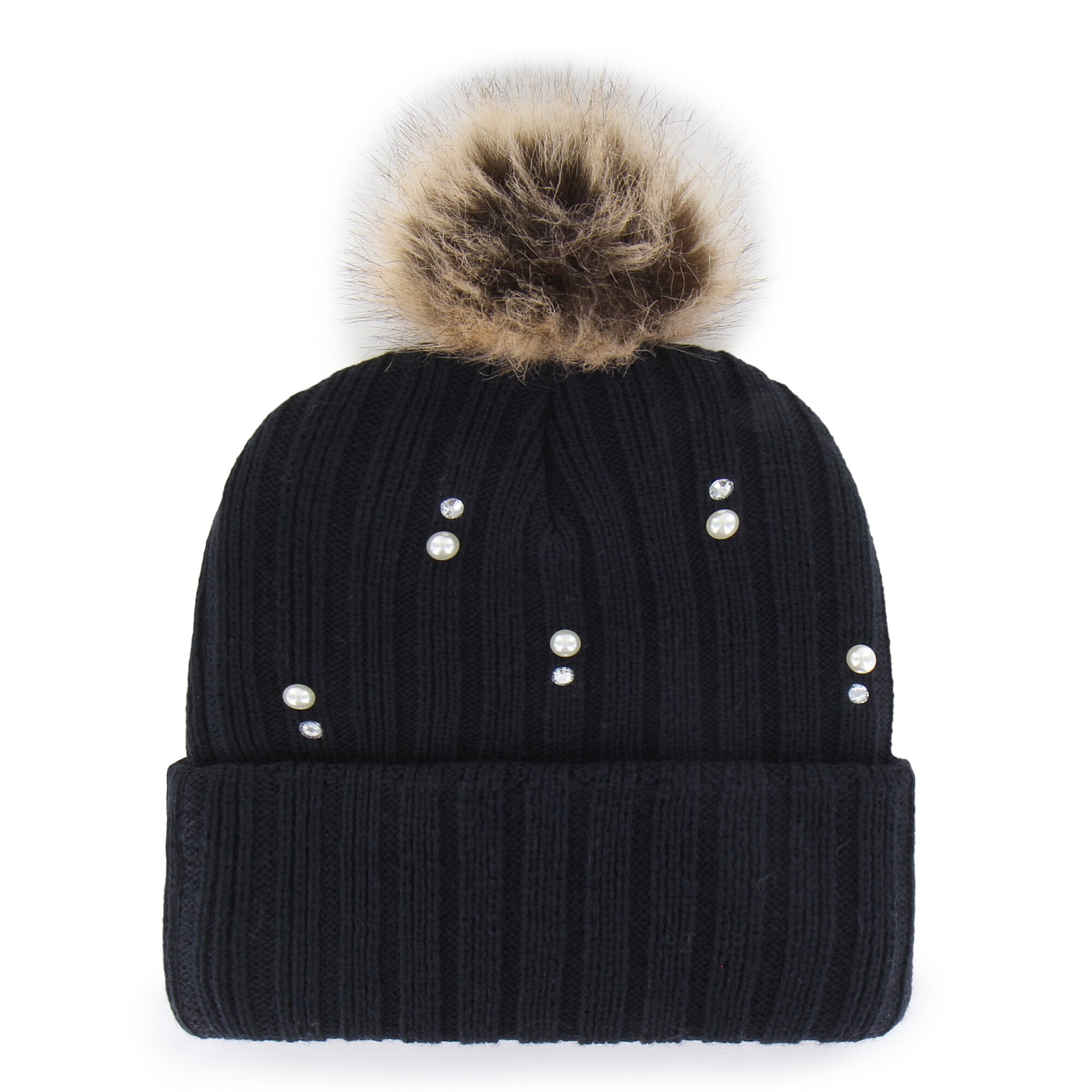 Bonnet en maille de fourrure nacrée orange Syracuse bleu marine avec pompon