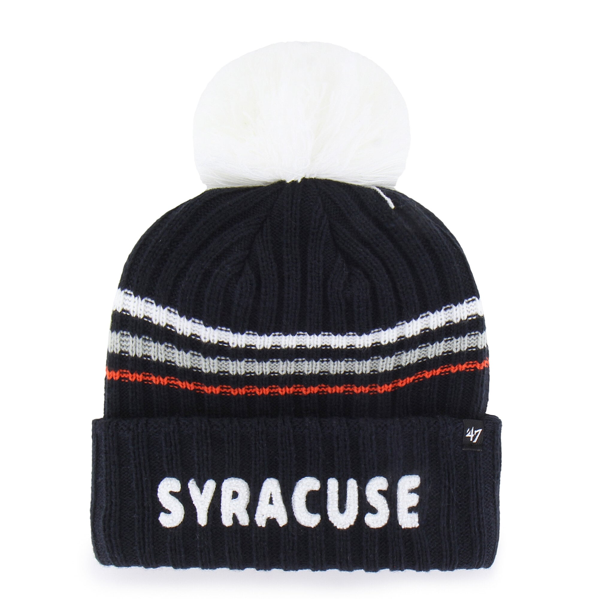 Bonnet tricoté à pompon et inscription duveteuse saisonnière « 47 » pour femme, bleu marine Syracuse et orange