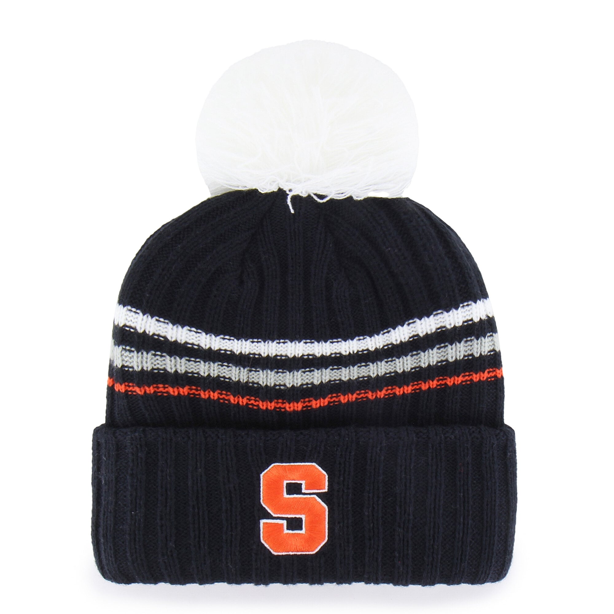 Bonnet tricoté à pompon et inscription duveteuse saisonnière « 47 » pour femme, bleu marine Syracuse et orange
