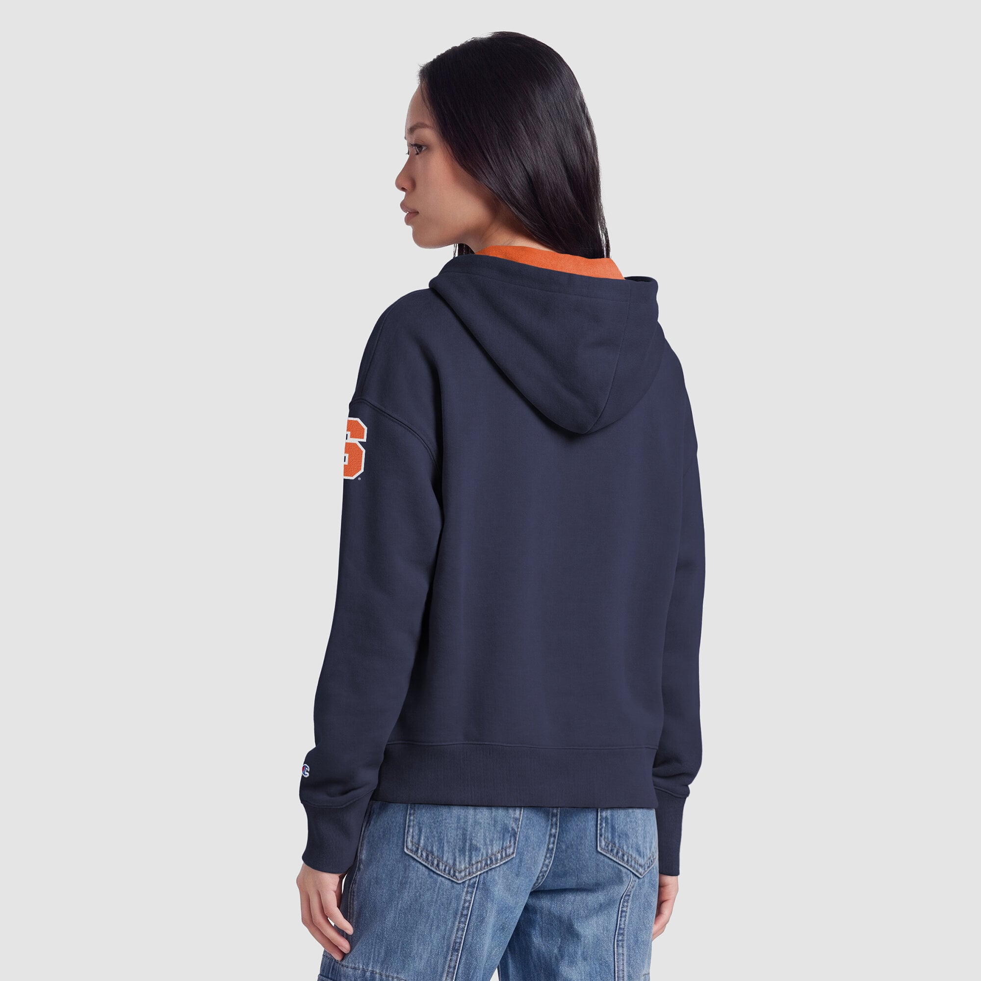Sweat à capuche zippé en polaire Champion pour femme, bleu marine, motif arche orange de Syracuse