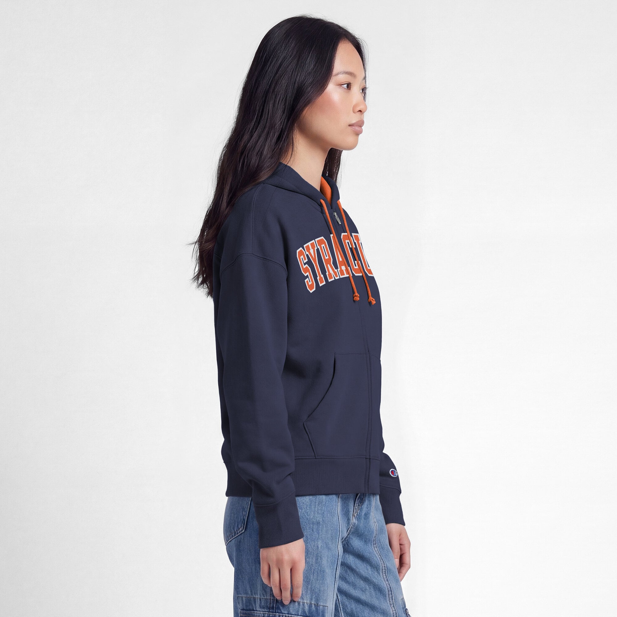 Sweat à capuche zippé en polaire Champion pour femme, bleu marine, motif arche orange de Syracuse