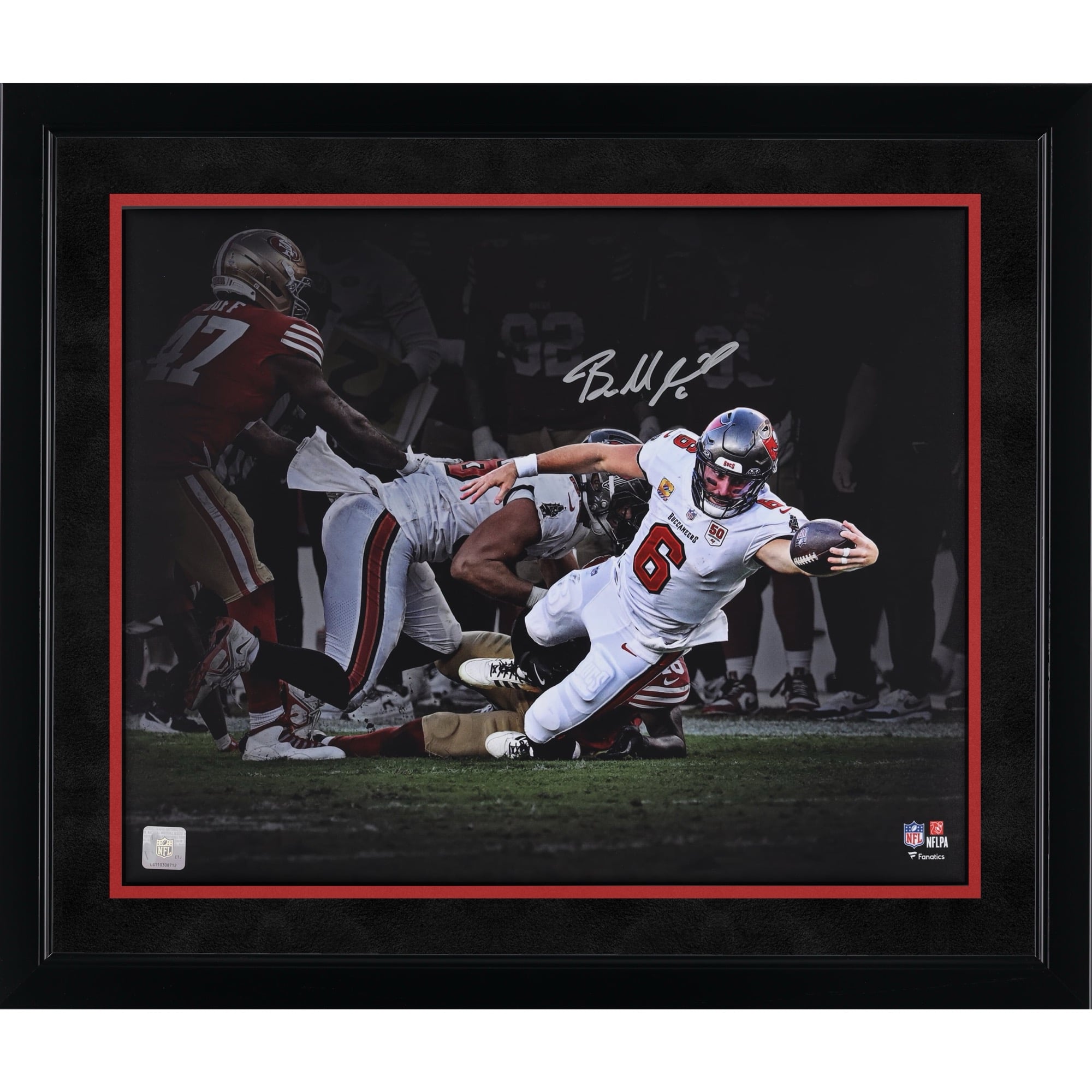 Baker Mayfield Tampa Bay Buccaneers Autographed 16" x 20" Stretching for 1st Down Spotlight Photograph