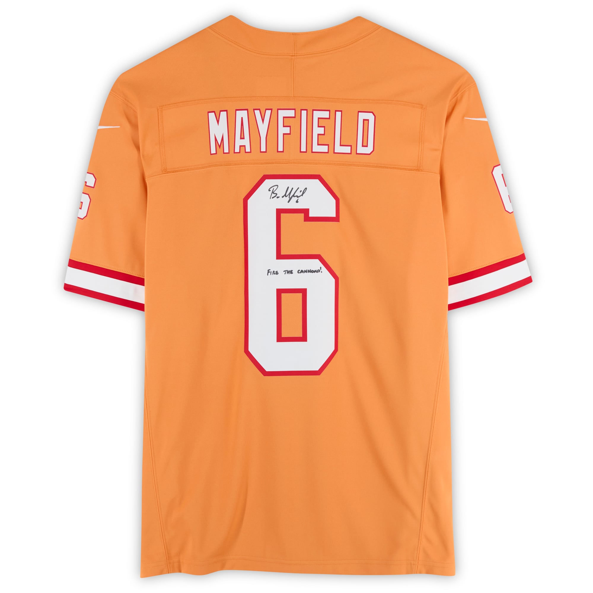 Maillot Nike Creamsicle Vapor Fuse Limited dédicacé par Baker Mayfield des Tampa Bay Buccaneers avec l'inscription « Fire The Cannons ! »