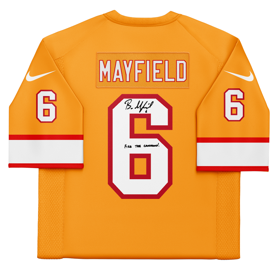 Maillot Nike Creamsicle Vapor Fuse Limited dédicacé par Baker Mayfield des Tampa Bay Buccaneers avec l'inscription « Fire The Cannons ! »