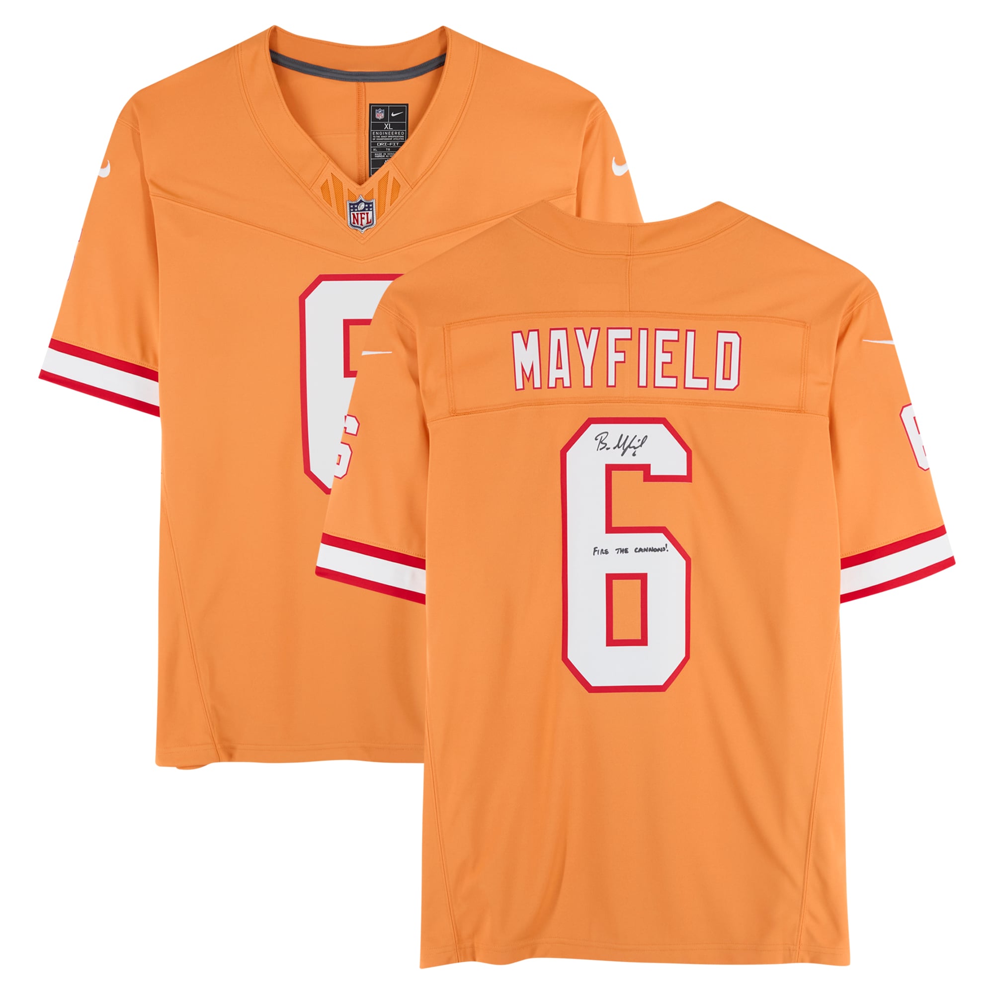 Maillot Nike Creamsicle Vapor Fuse Limited dédicacé par Baker Mayfield des Tampa Bay Buccaneers avec l'inscription « Fire The Cannons ! »