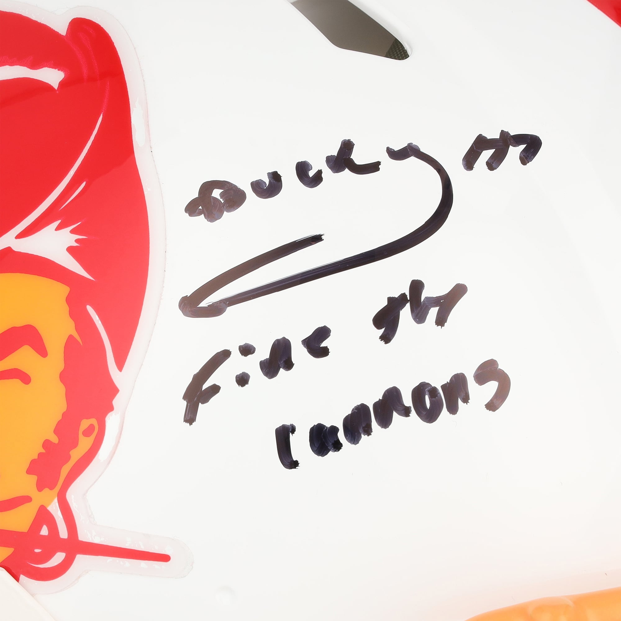 Casque Riddell Speed ​​Authentic rétro 1976-1996 autographié par Bucky Irving des Buccaneers de Tampa Bay, avec inscription « Fire The Cannons ».