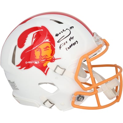 Bucky Irving Tampa Bay Buccaneers Autographed Fanatics Authentic Riddell 1976-1996 Throwback Speed Authentic Helmet with "Fire The Cannons" Inscription 