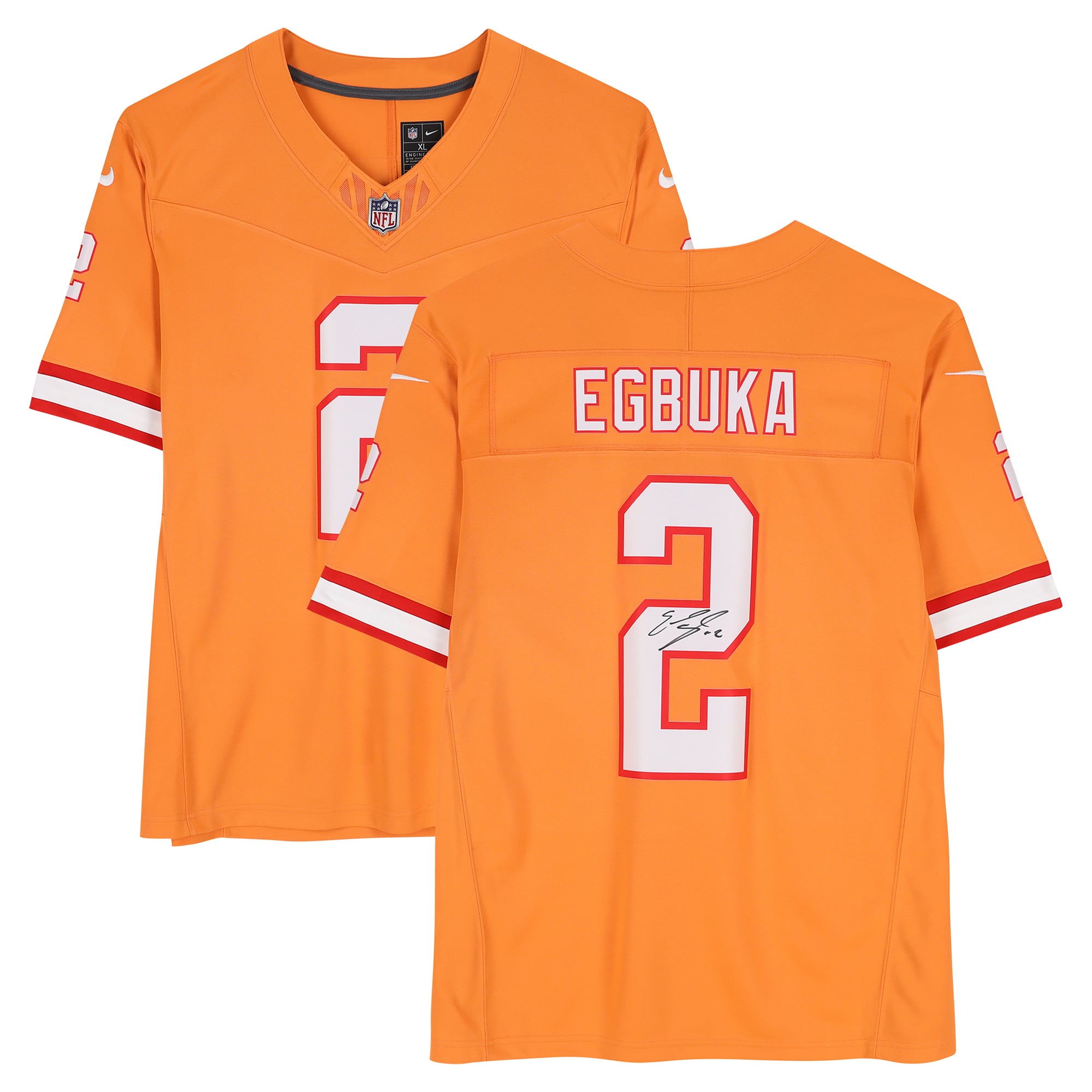 Maillot Nike Vapor Fuse orange en édition limitée, autographié par Emeka Egbuka des Buccaneers de Tampa Bay