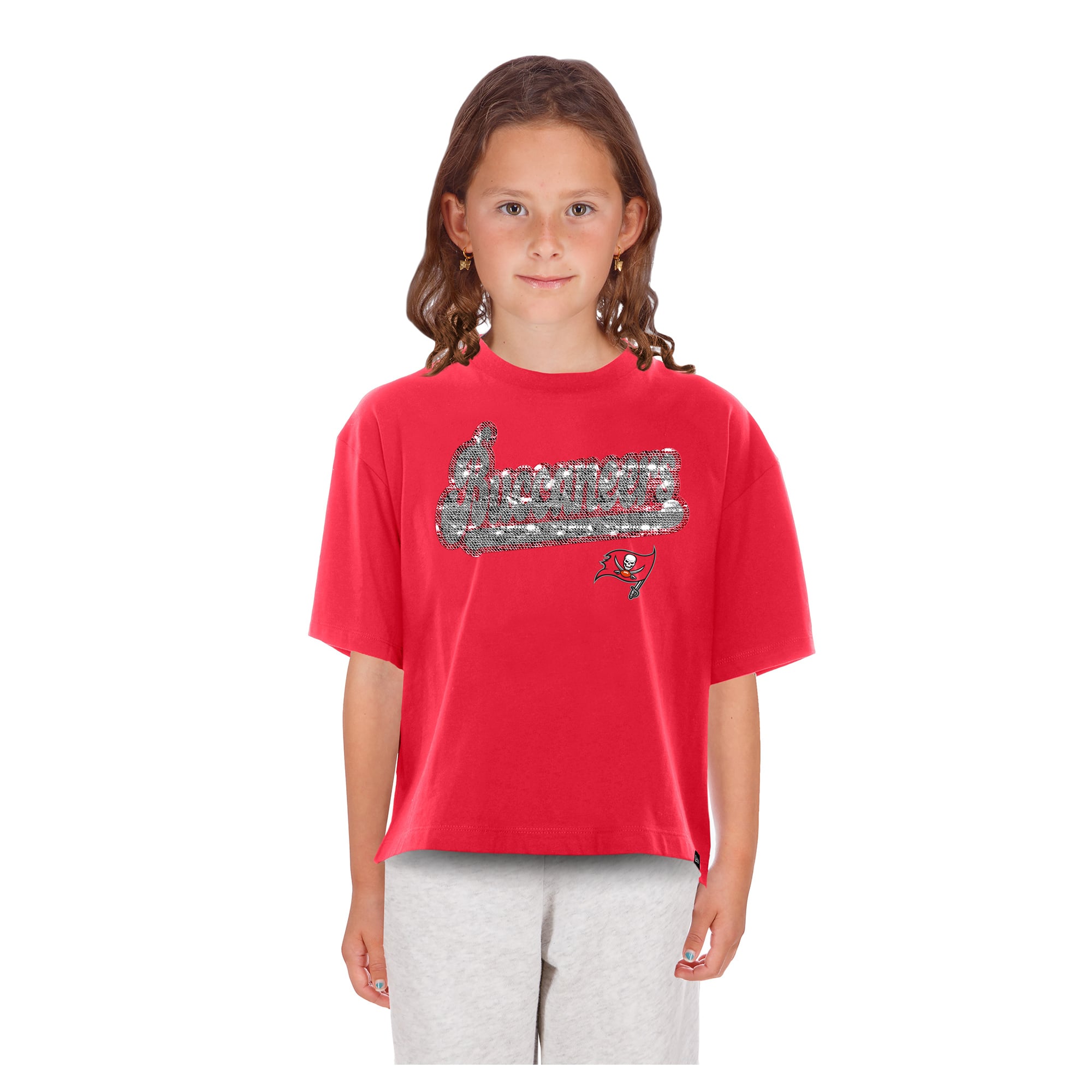 T-shirt New Era rouge Tampa Bay Buccaneers pour filles, coupe carrée, à sequins réversibles.