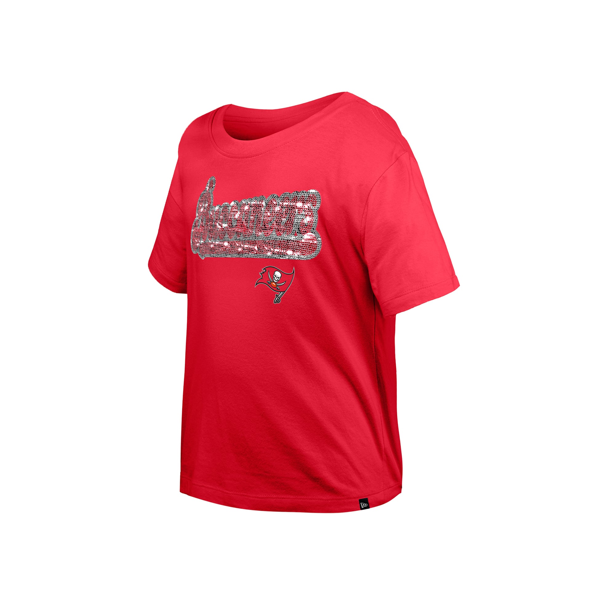 T-shirt New Era rouge Tampa Bay Buccaneers pour filles, coupe carrée, à sequins réversibles.