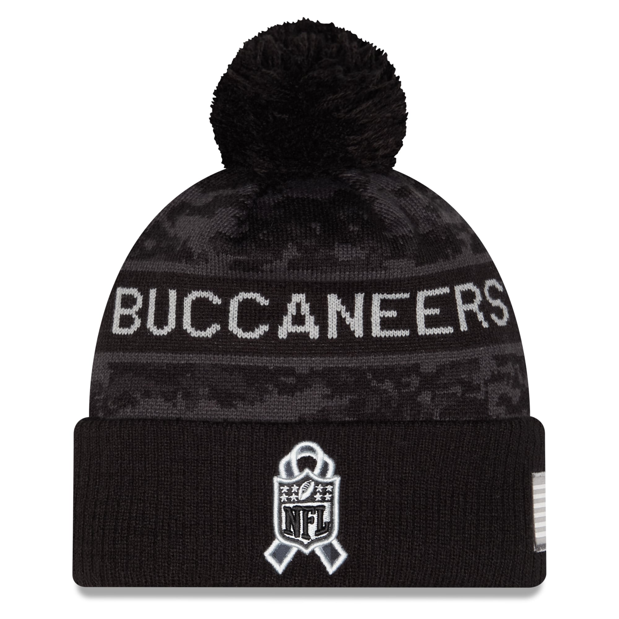 Bonnet à revers New Era noir pour homme, Tampa Bay Buccaneers 2026 Salute To Service, avec pompon