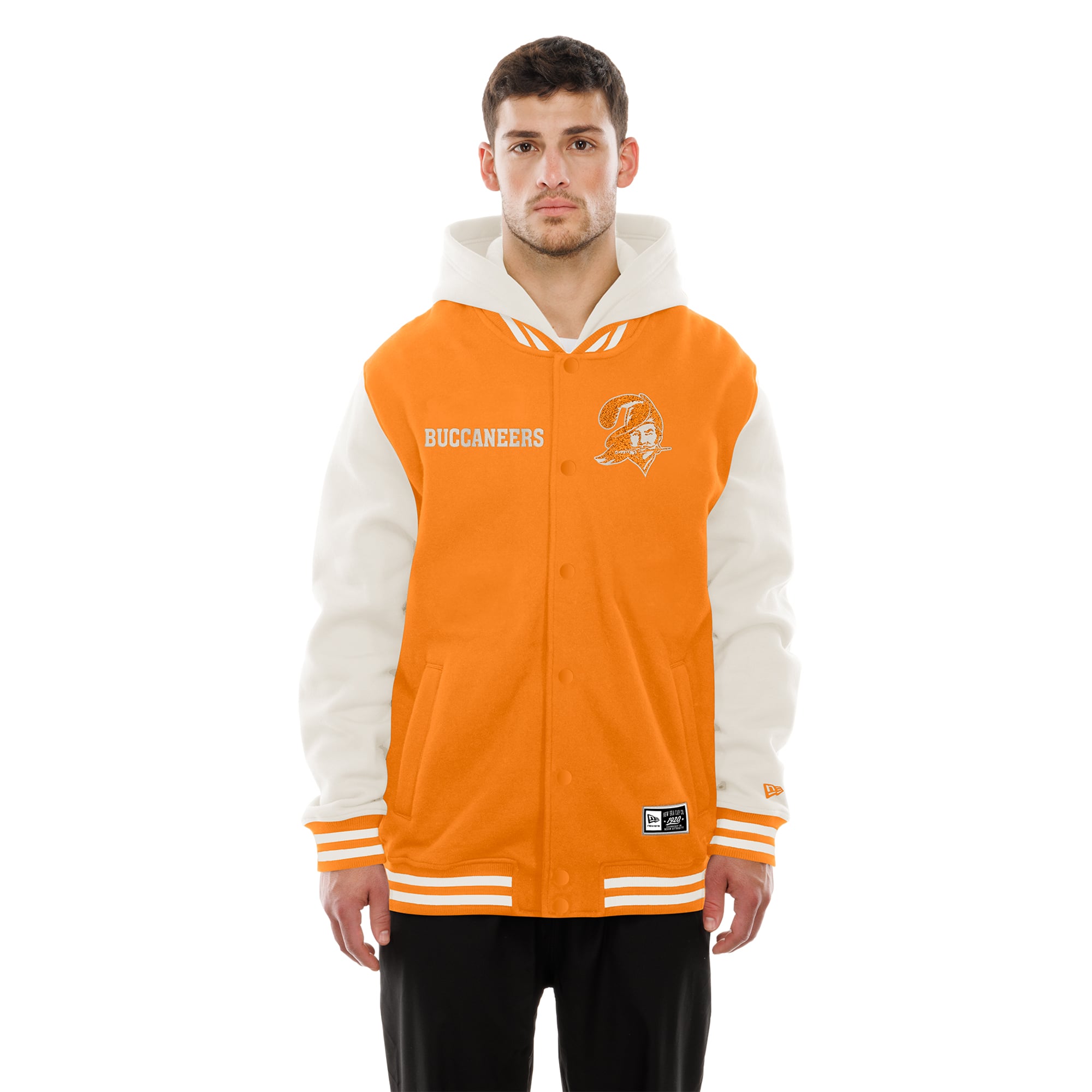 Veste polaire à capuche New Era orange/crème Tampa Bay Buccaneers pour homme, fermeture boutons-pression.