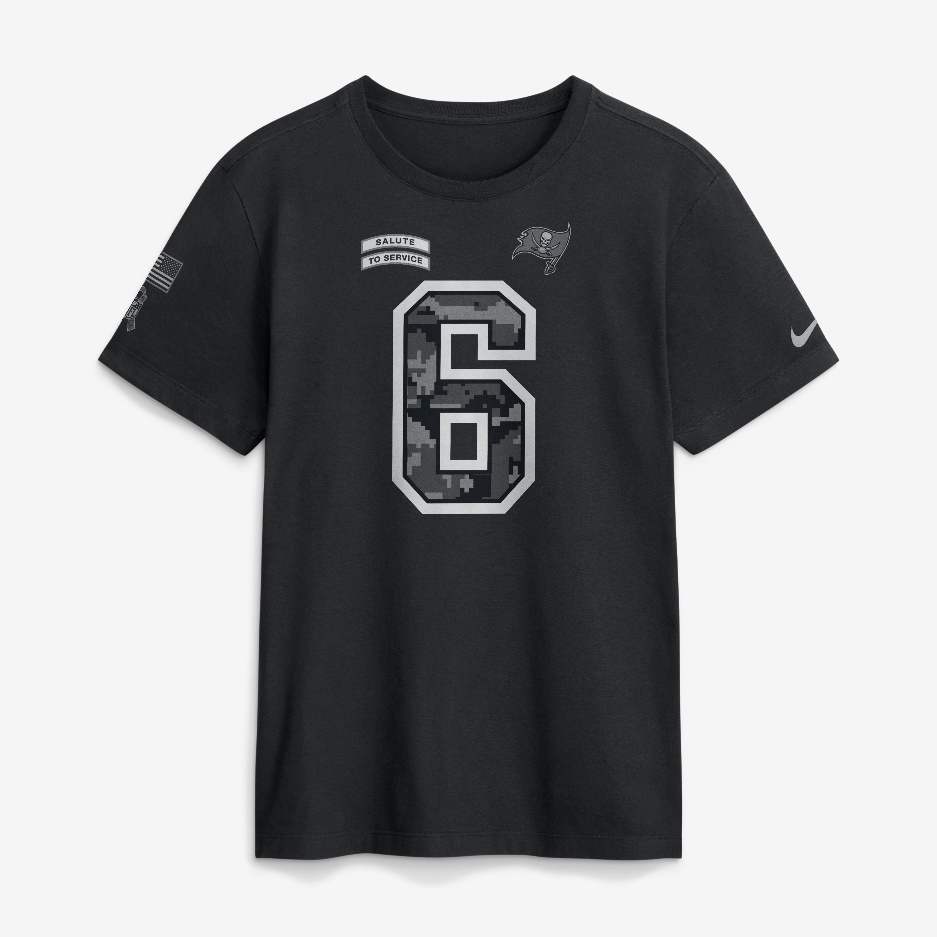 T-shirt Nike Baker Mayfield noir pour homme, Tampa Bay Buccaneers 2026 Salute to Service, nom et numéro