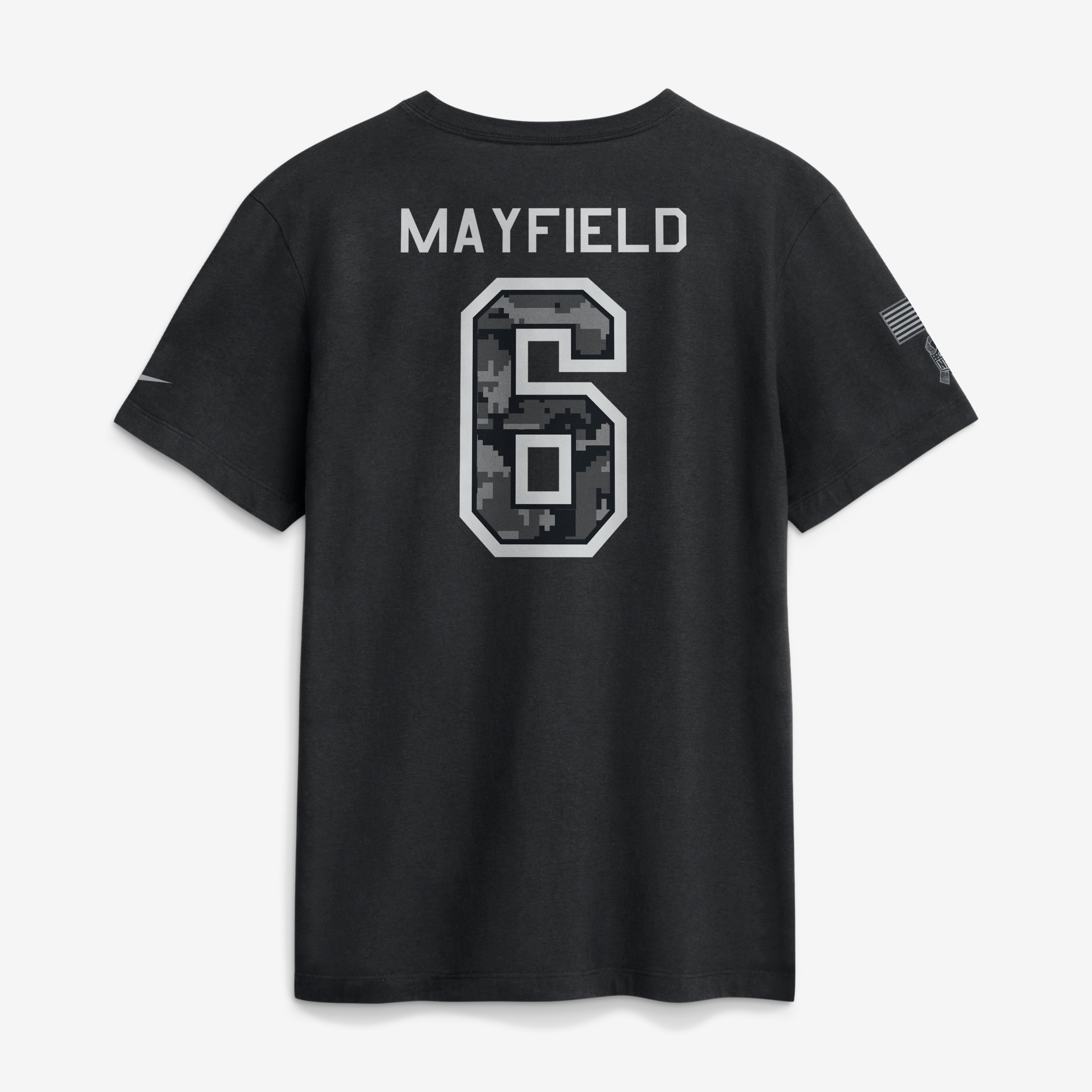 T-shirt Nike Baker Mayfield noir pour homme, Tampa Bay Buccaneers 2026 Salute to Service, nom et numéro