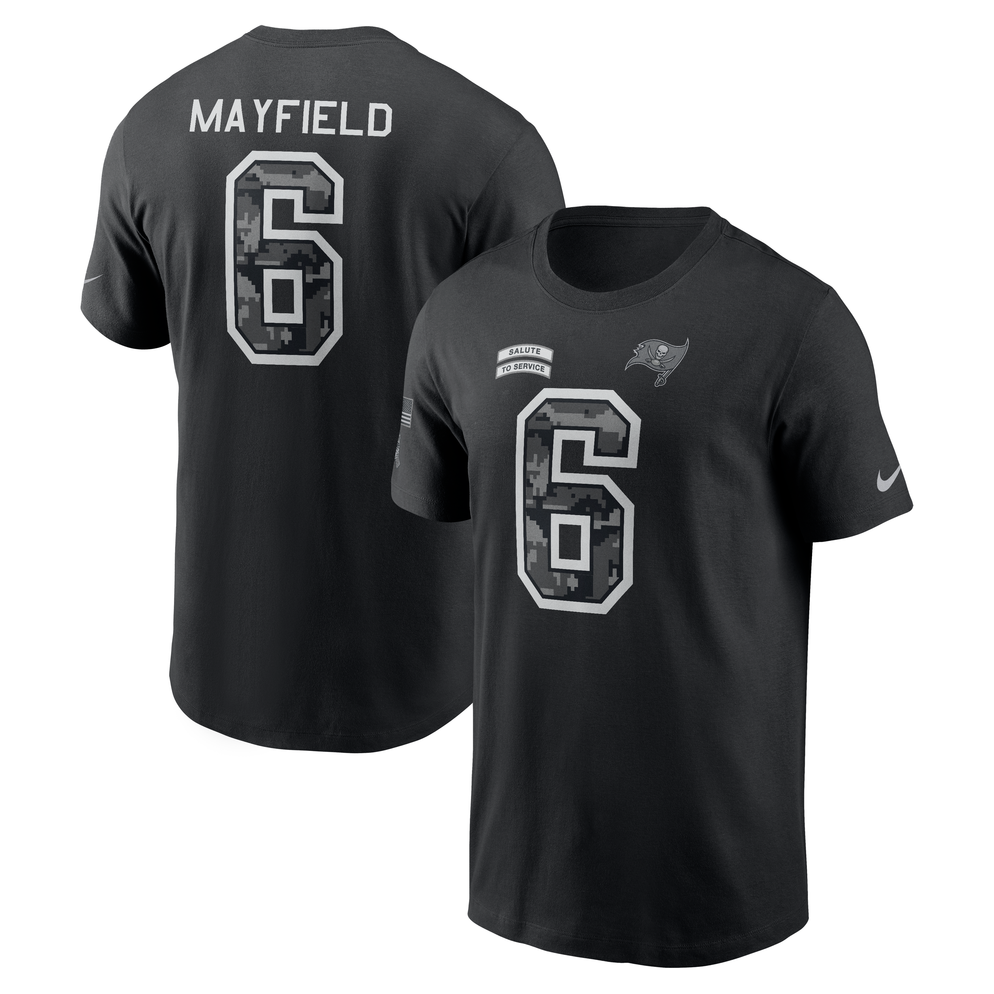 T-shirt Nike Baker Mayfield noir pour homme, Tampa Bay Buccaneers 2026 Salute to Service, nom et numéro
