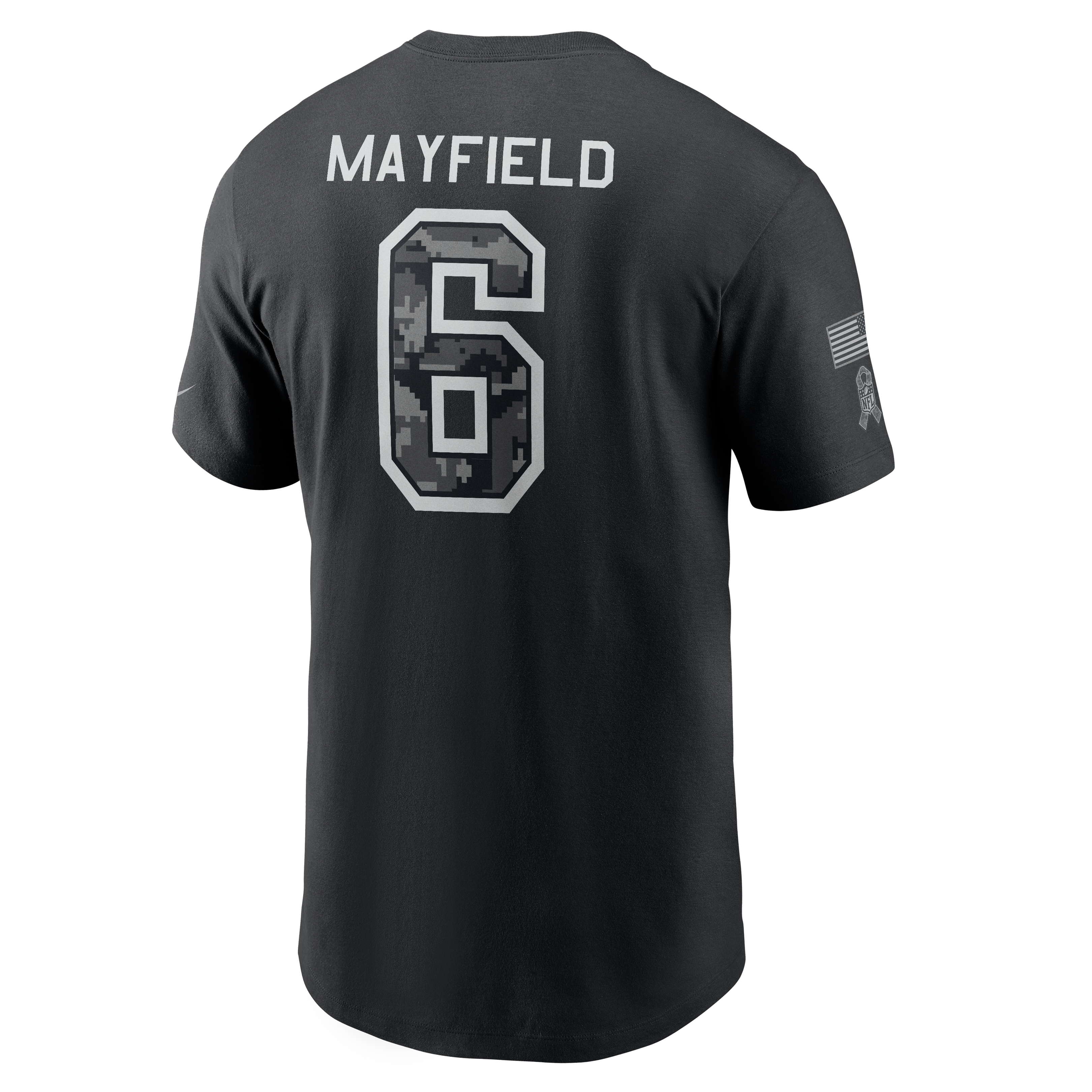 T-shirt Nike Baker Mayfield noir pour homme, Tampa Bay Buccaneers 2026 Salute to Service, nom et numéro