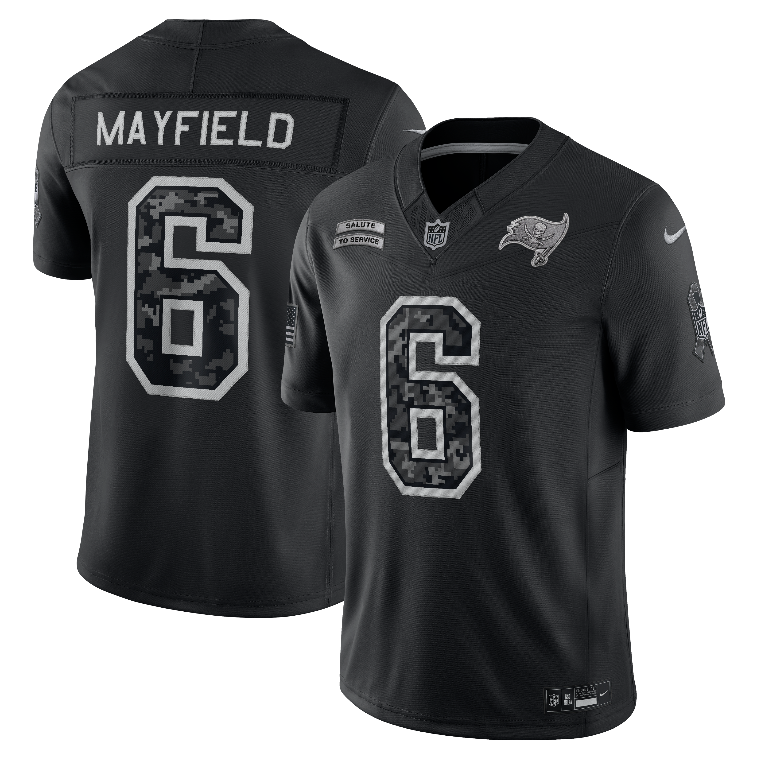 Maillot Nike Baker Mayfield noir Tampa Bay Buccaneers 2026 Salute to Service, édition limitée cousue