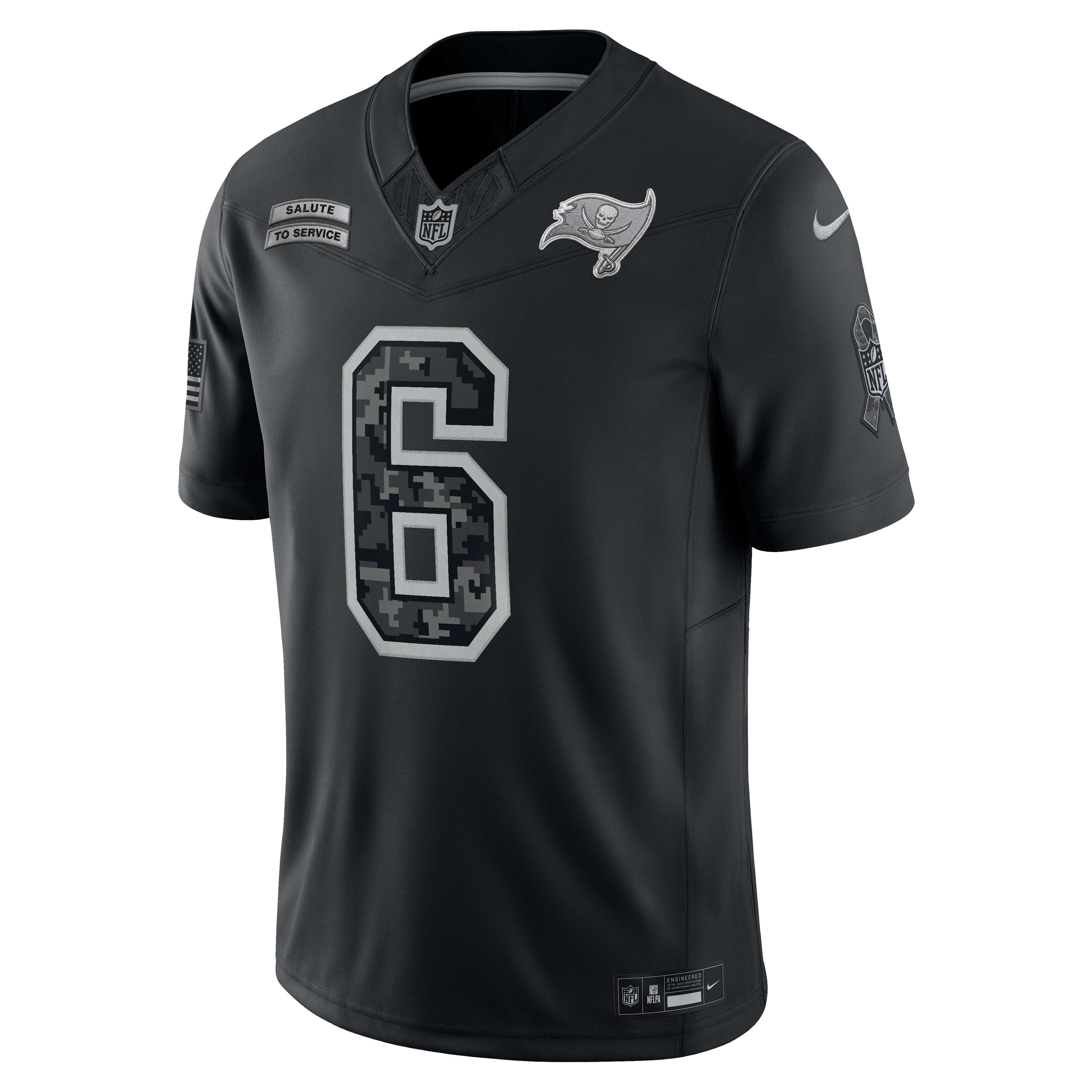Maillot Nike Baker Mayfield noir Tampa Bay Buccaneers 2026 Salute to Service, édition limitée cousue