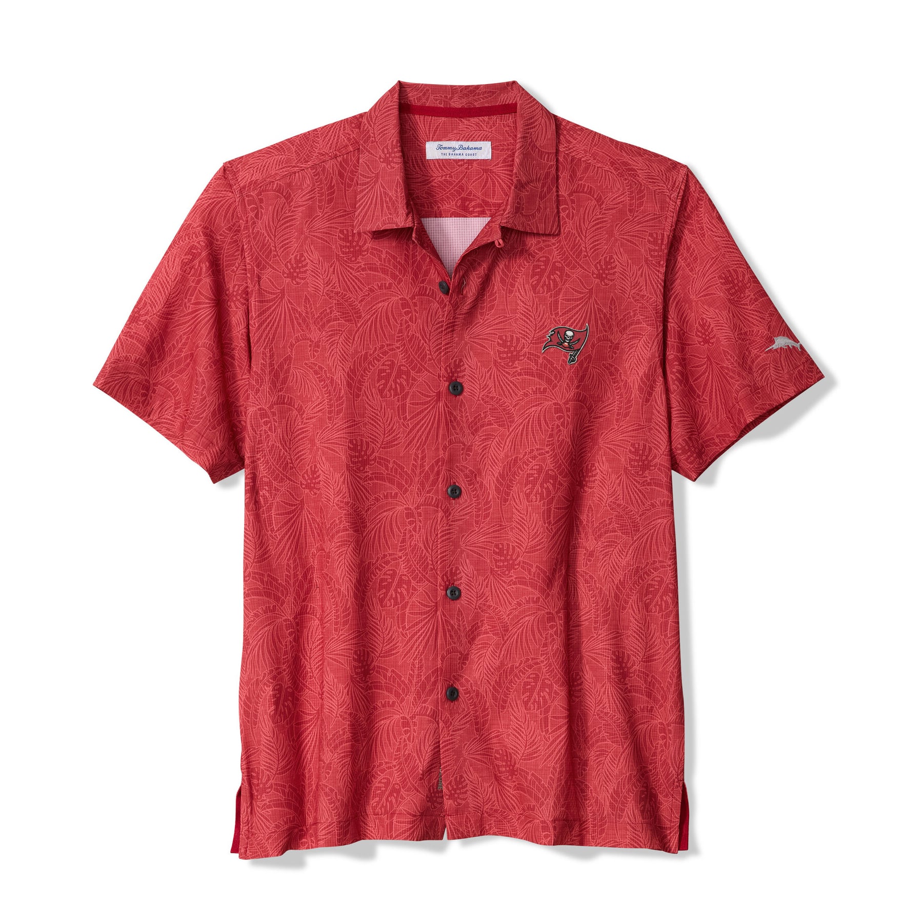 Chemise à manches courtes boutonnée Tommy Bahama rouge Tampa Bay Buccaneers Saltwater Fronds pour homme