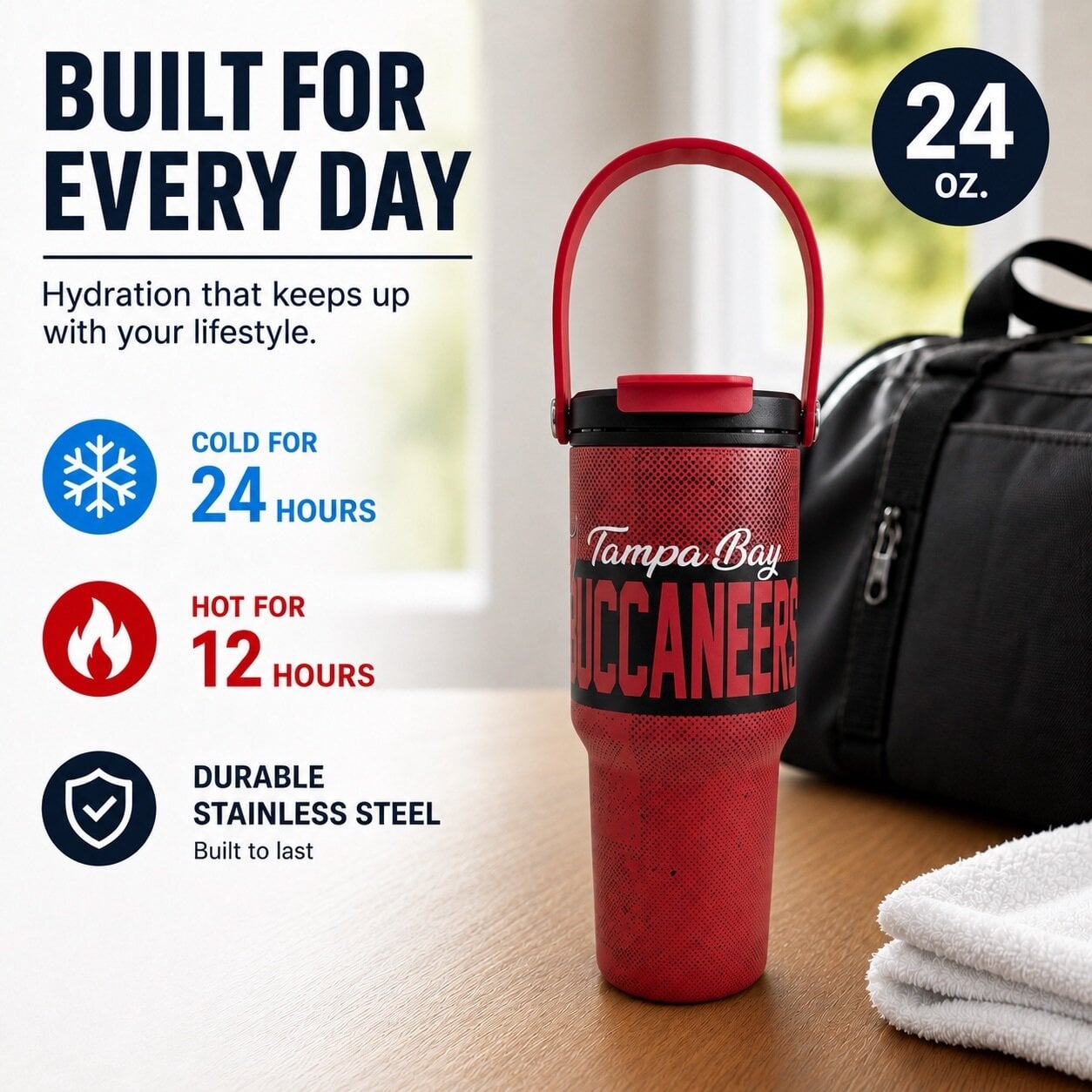 Gourde Pegasus Tampa Bay Buccaneers 710 ml (24 oz) en acier inoxydable à double bouchon et motif moucheté dégradé