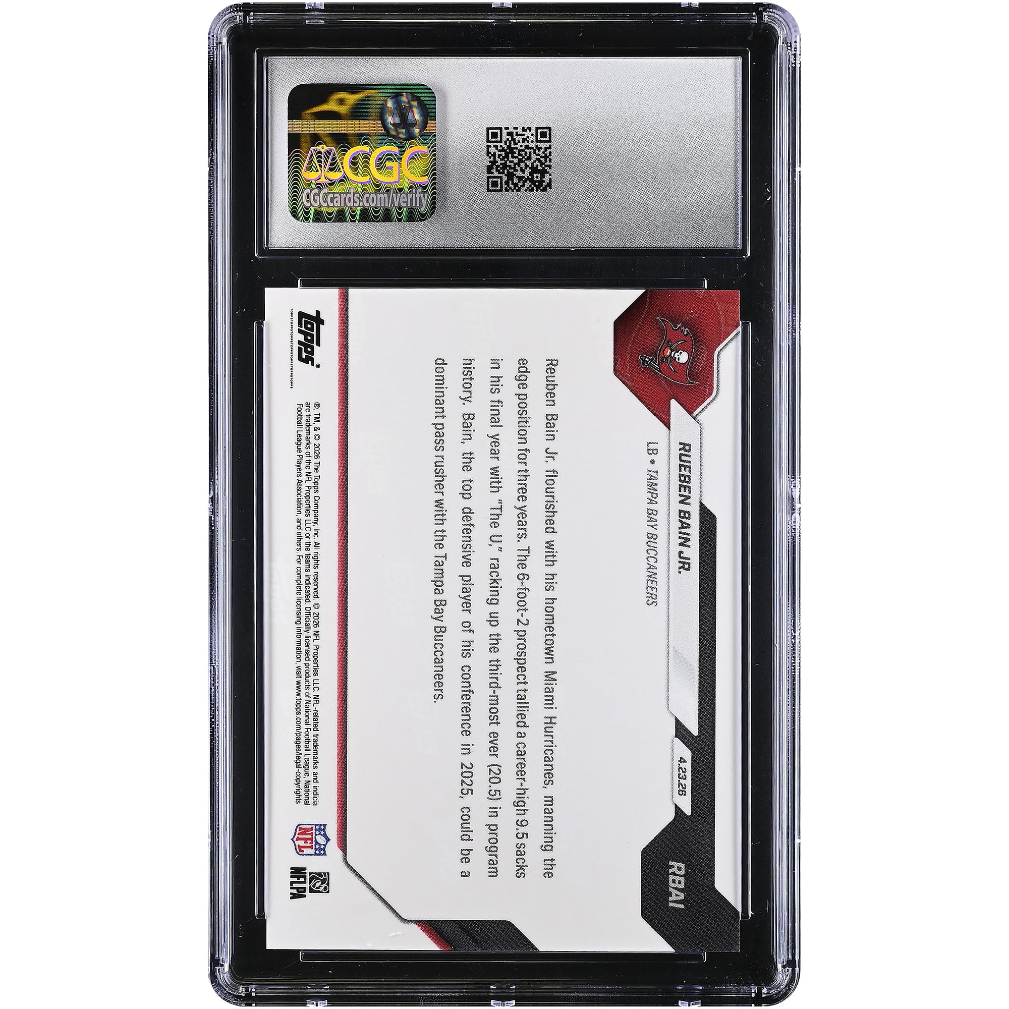 Carte de recrue de Rueben Bain Jr., Tampa Bay Buccaneers, 15e choix au total de la draft NFL 2026, Topps Now, n° RBAI, authentifiée CGC, état neuf (GEM MINT 10).