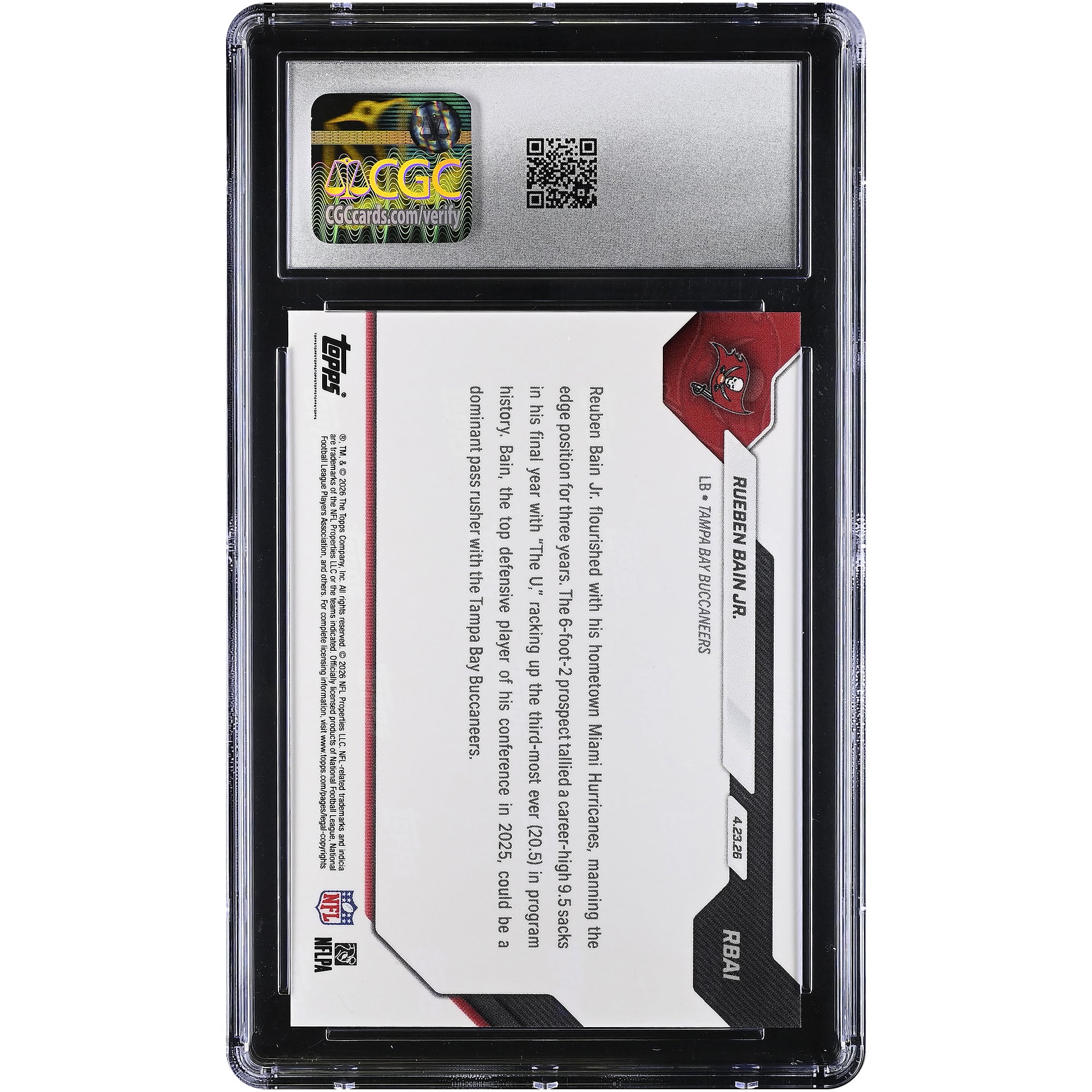 Carte de recrue de Rueben Bain Jr., Tampa Bay Buccaneers, 15e choix au total de la draft NFL 2026 (Topps Now), authentifiée CGC MINT+ 9.5, n° RBAI, authentifiée CGC.