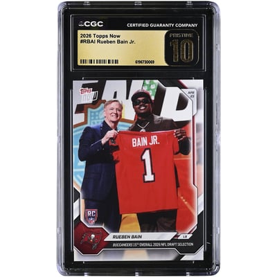 Carte de recrue de Rueben Bain Jr., Tampa Bay Buccaneers, 15e choix au total de la draft NFL 2026 (Topps Now Buccaneers), authentifiée CGC, état PRISTINE 10, numéro RBAI.