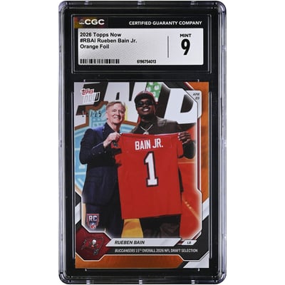 Carte de recrue de Rueben Bain Jr., Tampa Bay Buccaneers, 15e choix au total de la draft NFL 2026, Topps Now, feuille orange, numéro RBAI, numéro 9/25, authentifiée par CGC.