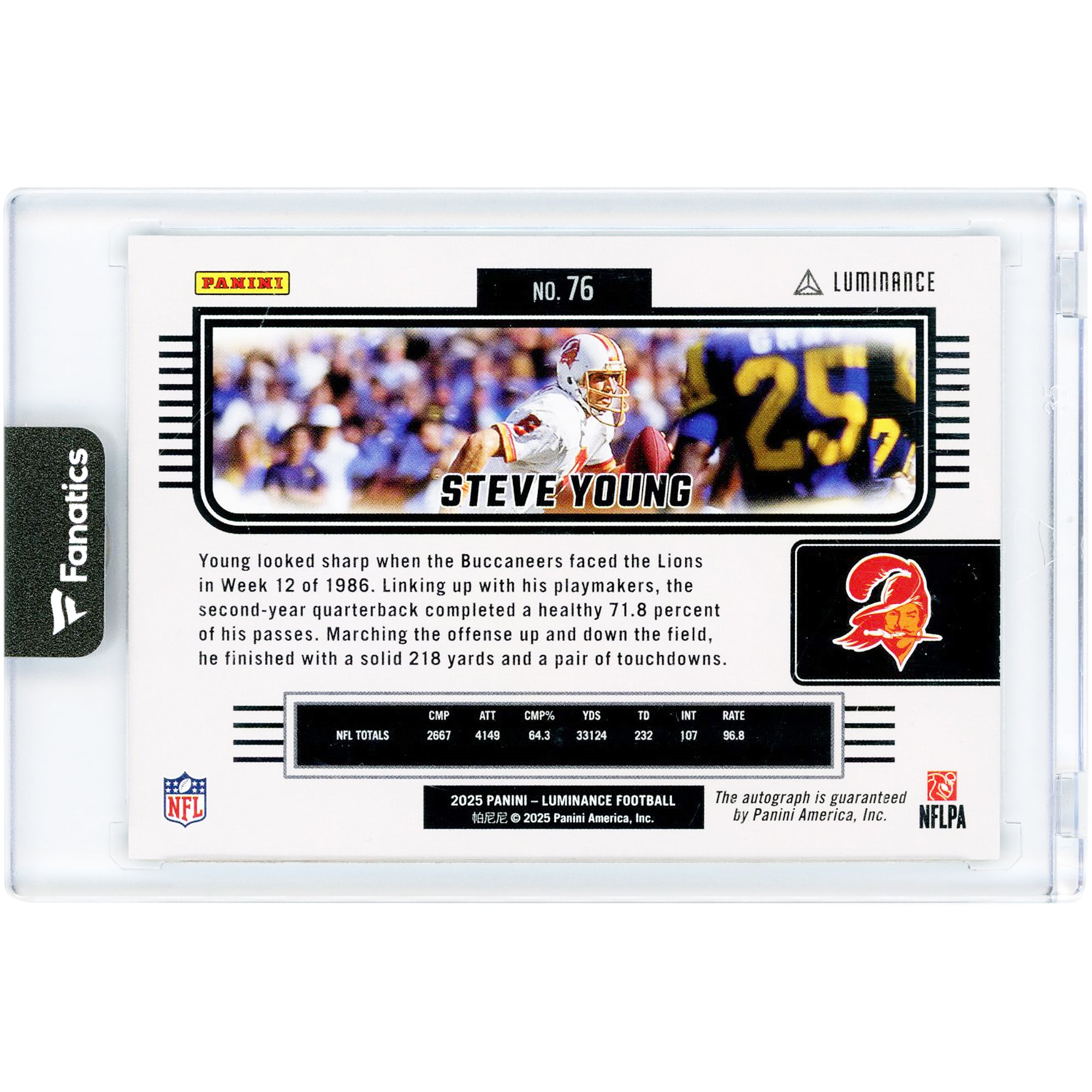 Steve Young Tampa Bay Buccaneers Autographed 2025 Panini Luminance #76 #9/25 Card