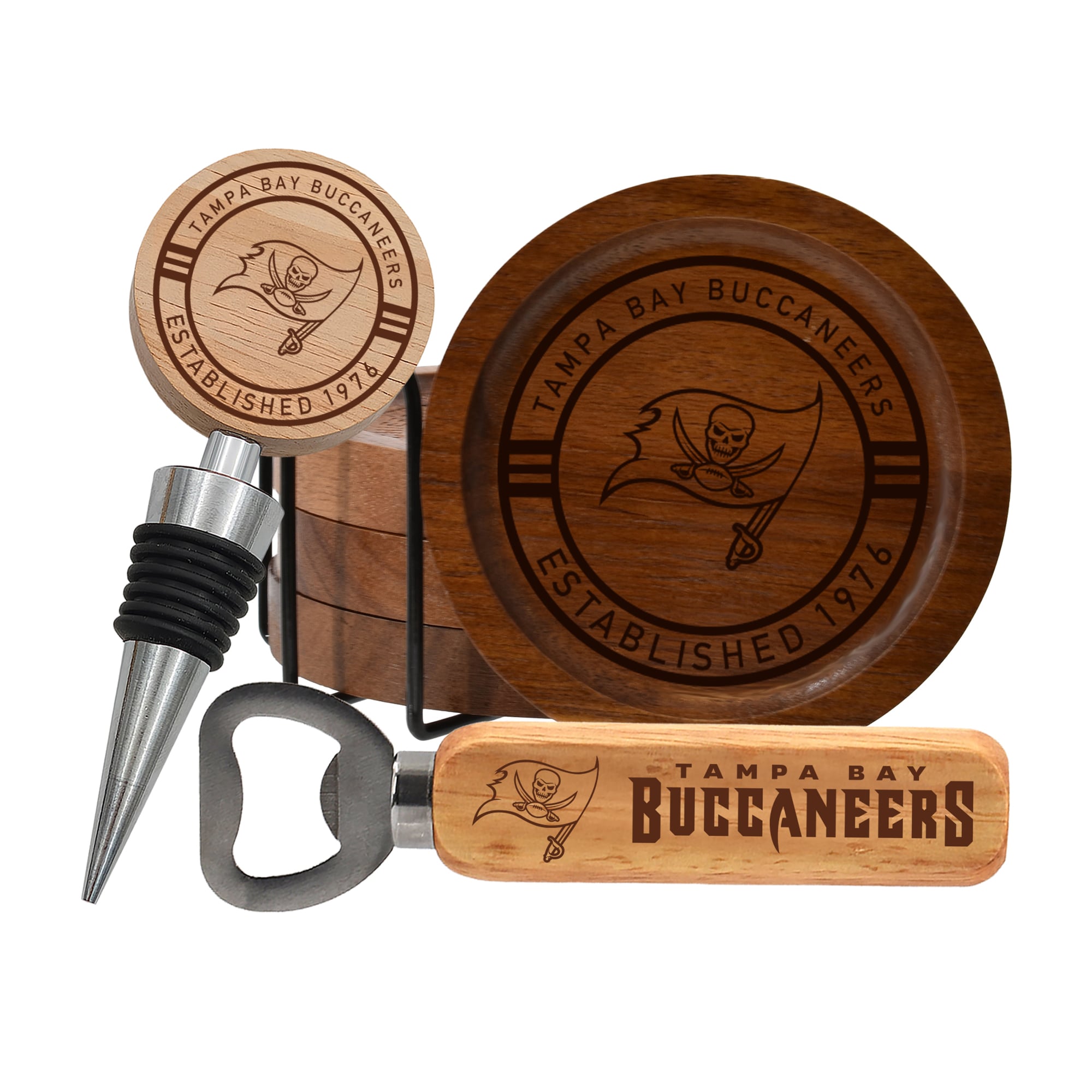 The Memory Company Tampa Bay Buccaneers Coaster, Bottle Opener & Wine Stopper Set
