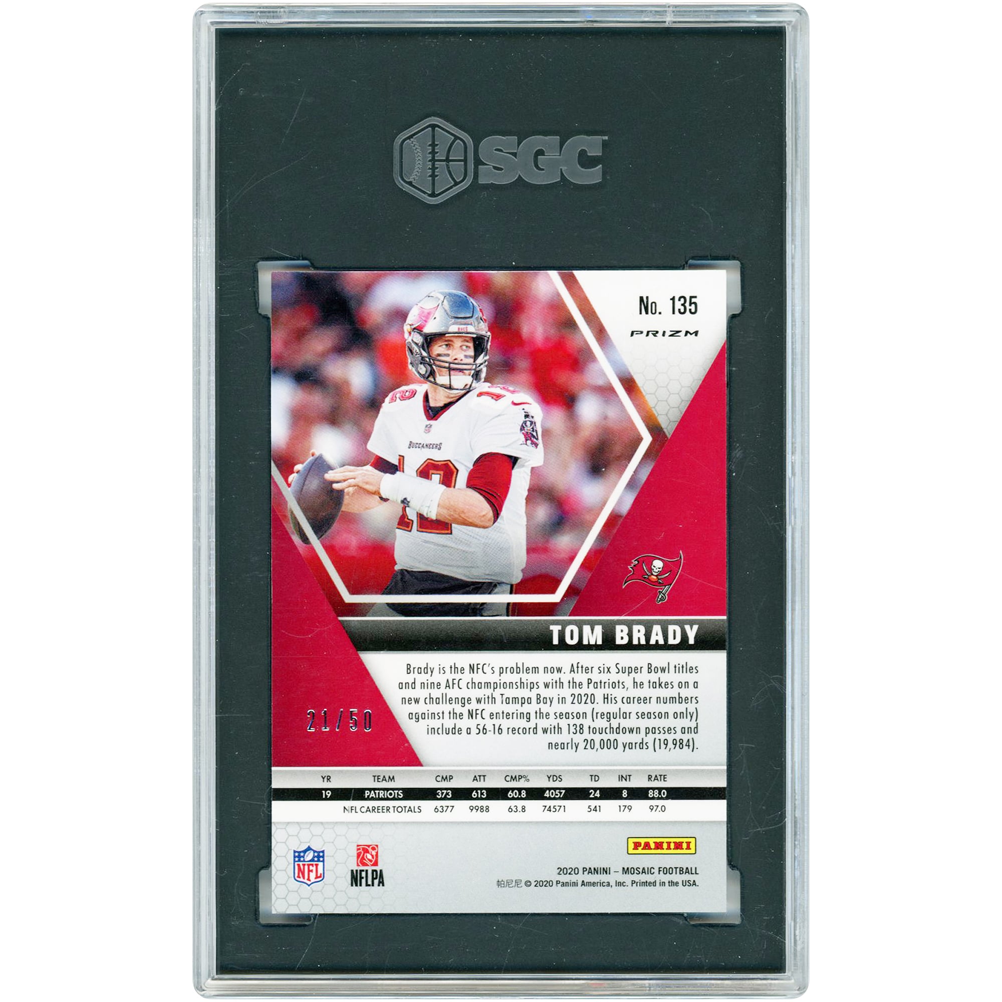 Tom Brady Tampa Bay Buccaneers 2020 Panini Mosaic Purple No Huddle Prizm #135 #21/50 SGC Authenticated 10 Card