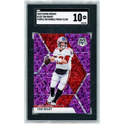 Carte Tom Brady Tampa Bay Buccaneers 2020 Panini Mosaic Purple No Huddle Prizm n° 135, n° 21/50, authentifiée par SGC (10 cartes).