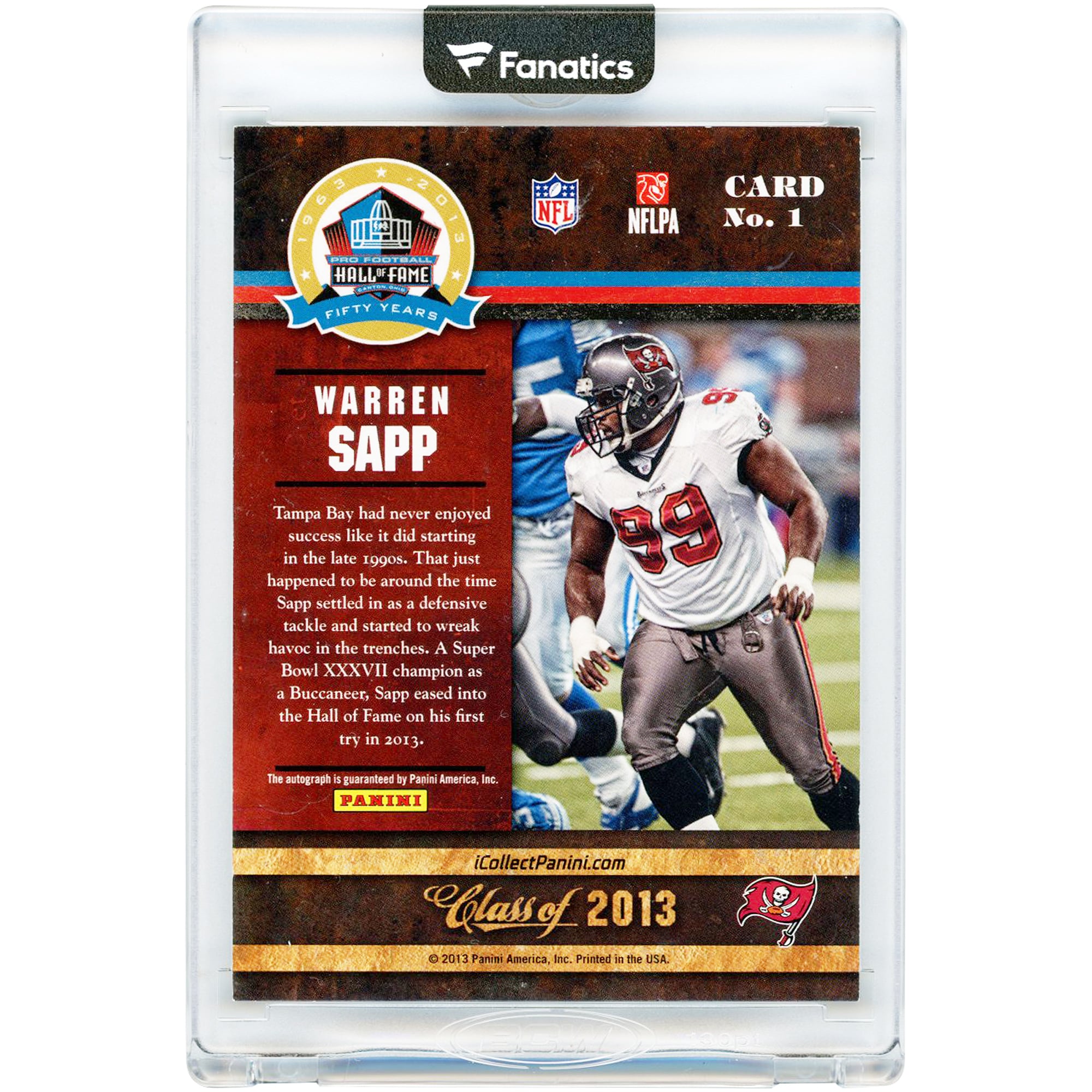 Carte autographiée de Warren Sapp, joueur des Buccaneers de Tampa Bay, Panini Class of '13 Hall of Fame 2013, numéro 1