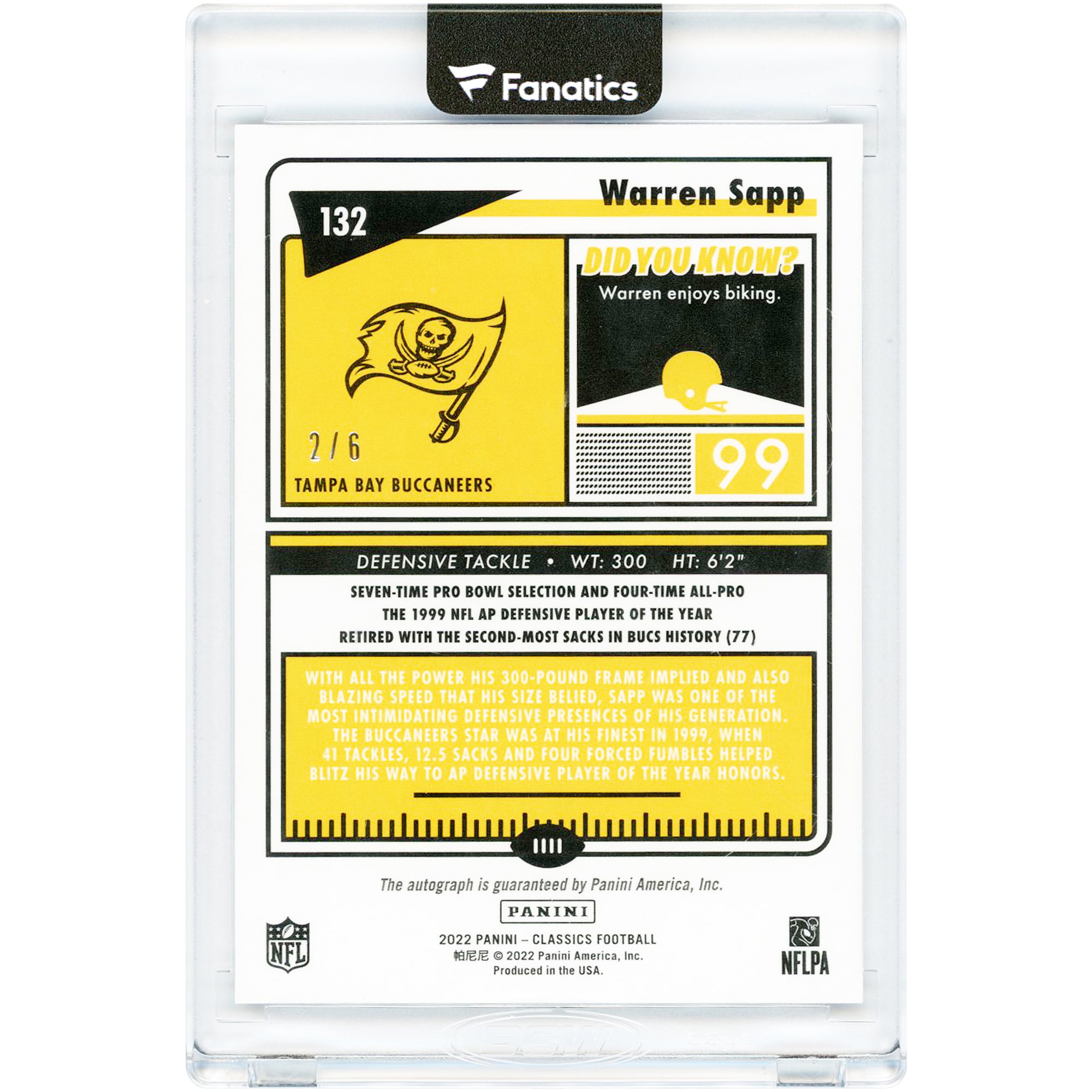 Carte autographiée de Warren Sapp (Buccaneers de Tampa Bay), édition premium 2022 Panini Classics, signatures importantes, violette, n° 132, n° 2/6