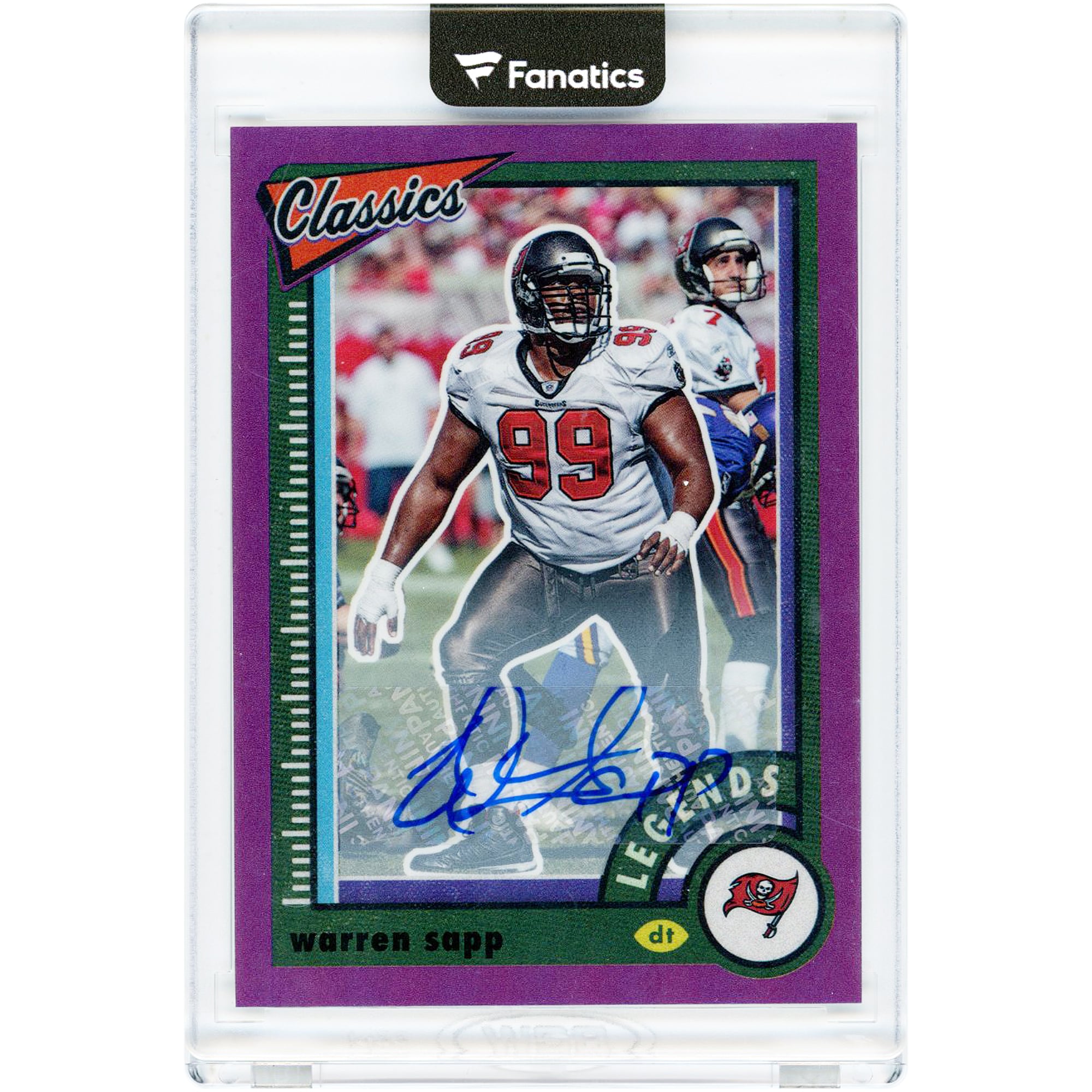 Carte autographiée de Warren Sapp (Buccaneers de Tampa Bay), édition premium 2022 Panini Classics, signatures importantes, violette, n° 132, n° 2/6