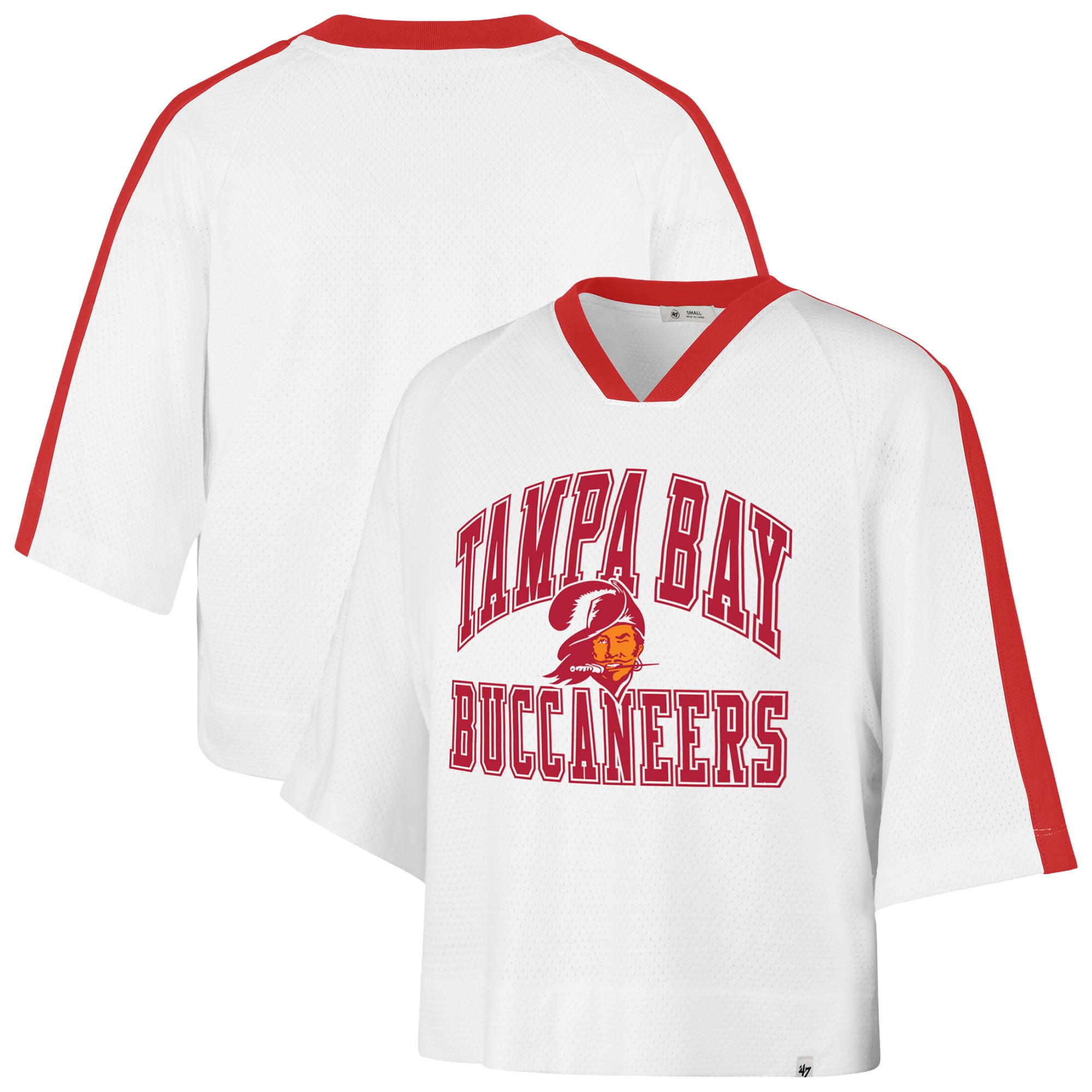 T-shirt raglan à col en V pour femme, modèle 47 blanc des Buccaneers de Tampa Bay.