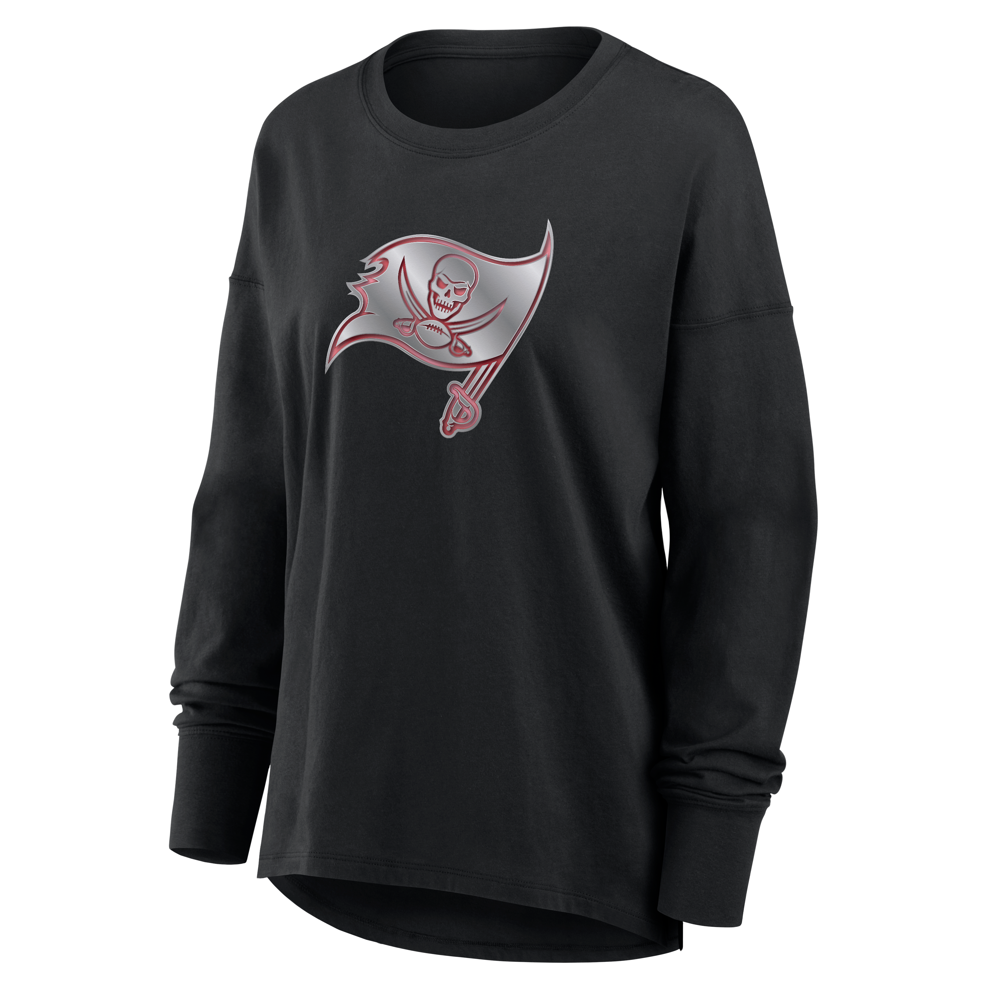 T-shirt à manches longues noir pour femmes avec mascotte métallique des Buccaneers de Tampa Bay