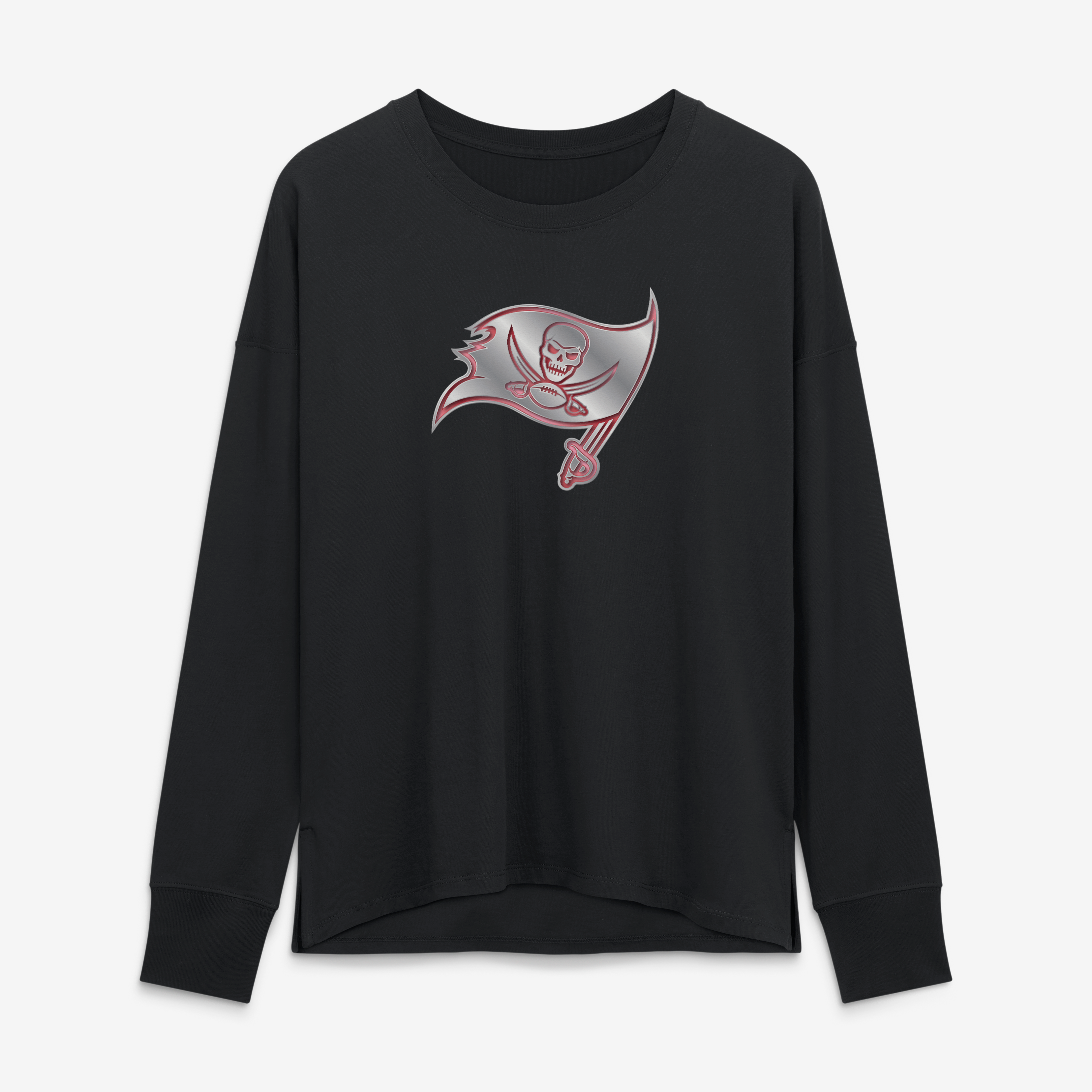 T-shirt à manches longues noir pour femmes avec mascotte métallique des Buccaneers de Tampa Bay