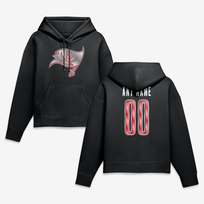 Tampa Bay Buccaneers Women's Metallic Mascot Personalized Name & Number Hoodie - Black