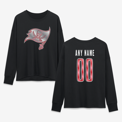 Tampa Bay Buccaneers Women's Metallic Mascot Personalized Name & Number Long Sleeve T-Shirt - Black