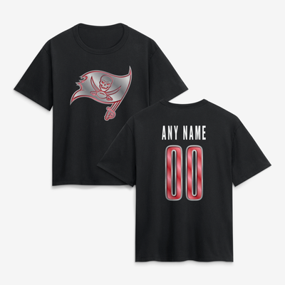 Tampa Bay Buccaneers Women's Metallic Mascot Personalized Name & Number T-Shirt - Black