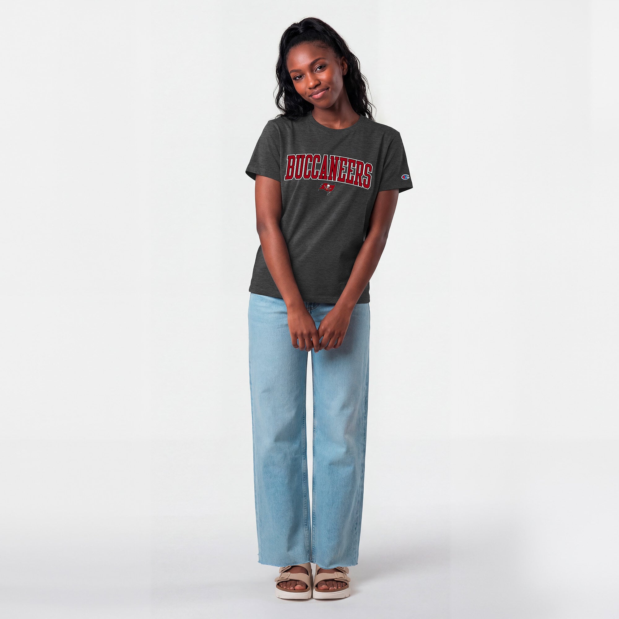 Women's Champion Heather Charcoal Tampa Bay Buccaneers Arched Over Logo T-Shirt