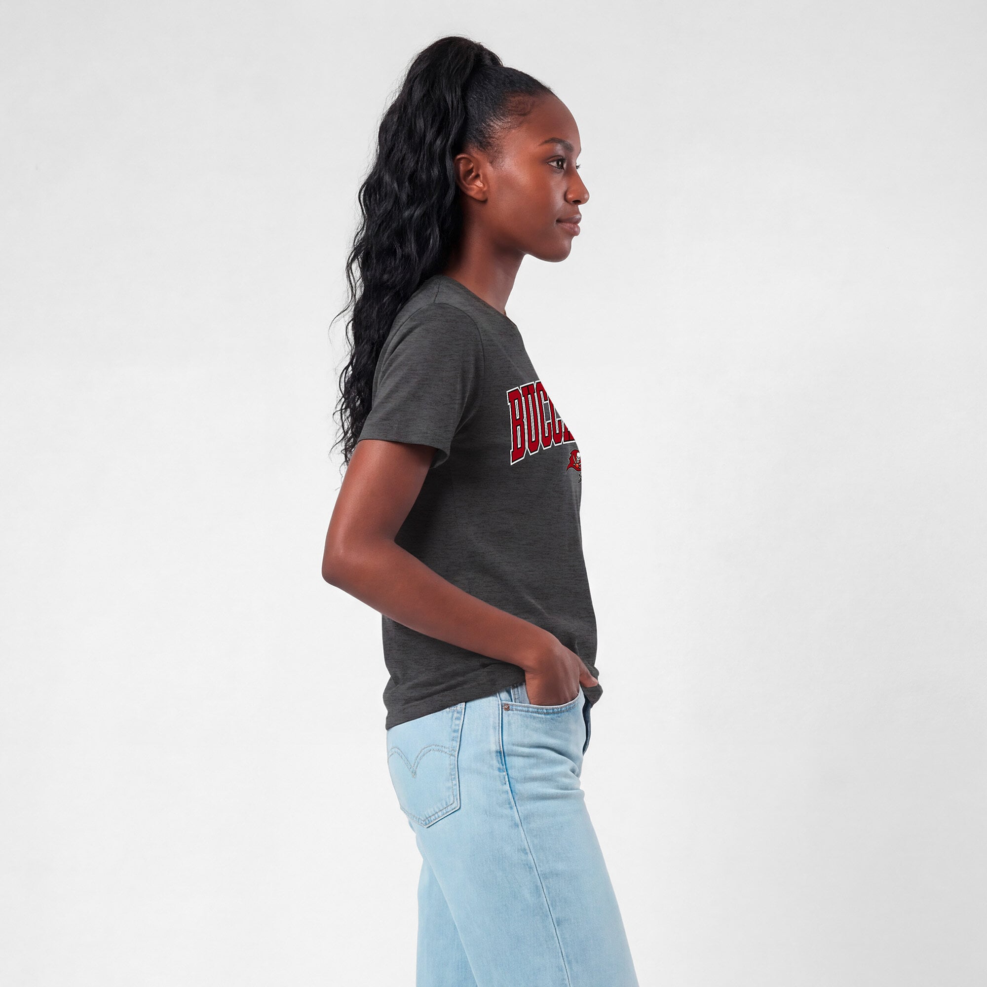 Women's Champion Heather Charcoal Tampa Bay Buccaneers Arched Over Logo T-Shirt