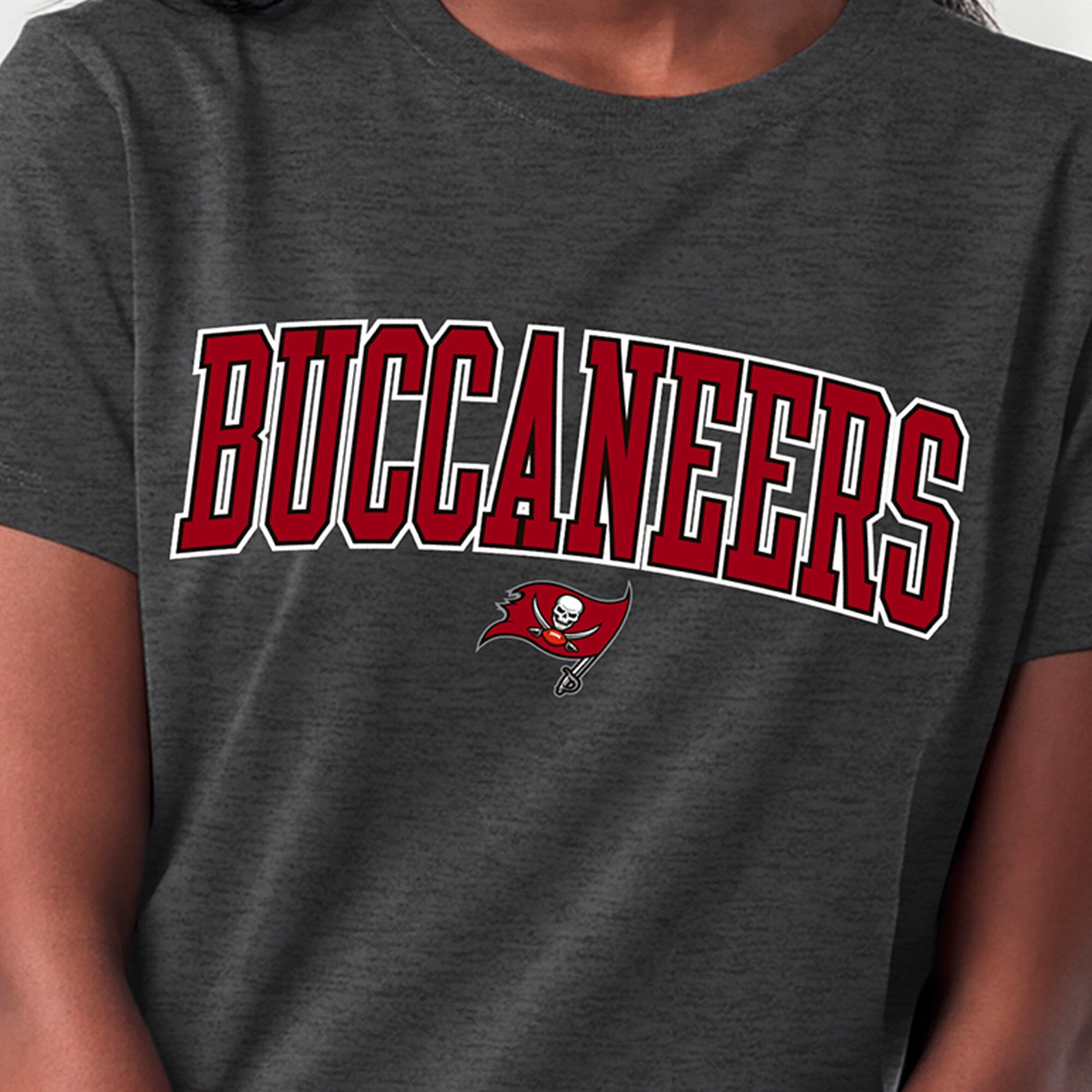 Women's Champion Heather Charcoal Tampa Bay Buccaneers Arched Over Logo T-Shirt